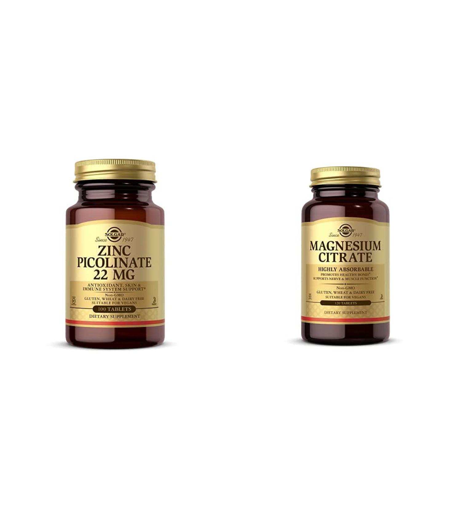 Solgar Zinc Picolinate 22 mg 100 Tablets - Promotes Healthy Skin - Supports Immune System Normal T with Magnesium Citrate 120 Tablets - Promotes Healthy Bones - Supports Nerve & Muscle Function