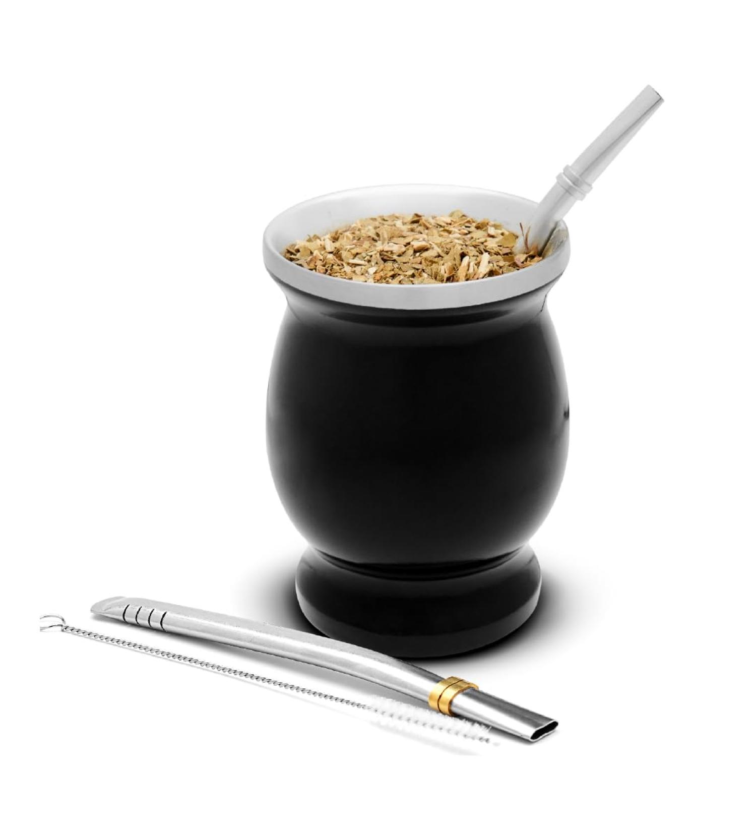 Black Double-Wall Stainless Yerba Mate Gourd Tea Cup Set Coffee Water Cup with Yerba Mate Bombilla (Straw) - Buy Online on GoSupps.com