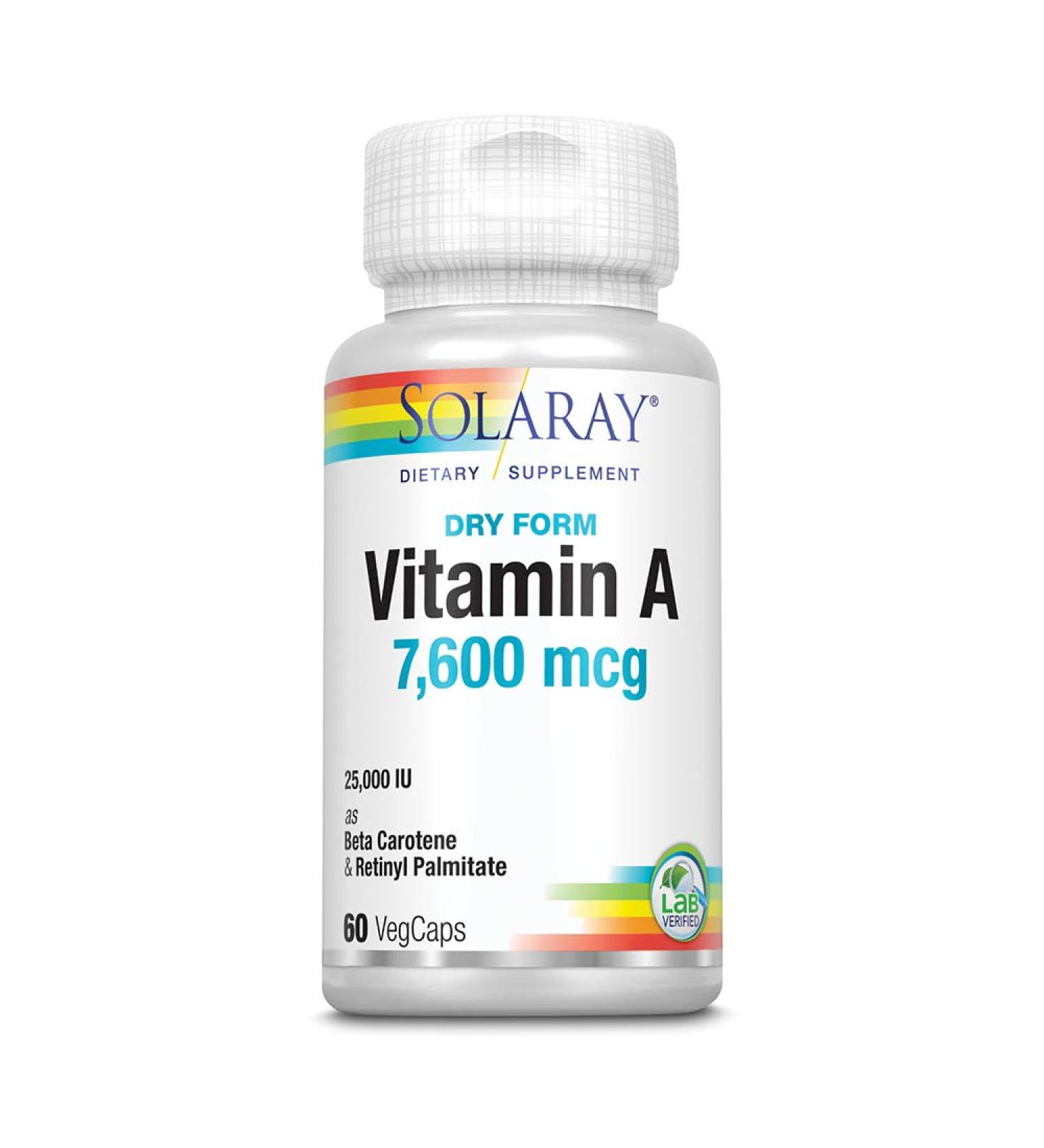 Solaray Dry Form Vitamin A 7600 mcg - 60 VegCaps for Healthy Vision & Immune Support - Buy Online on GoSupps.com