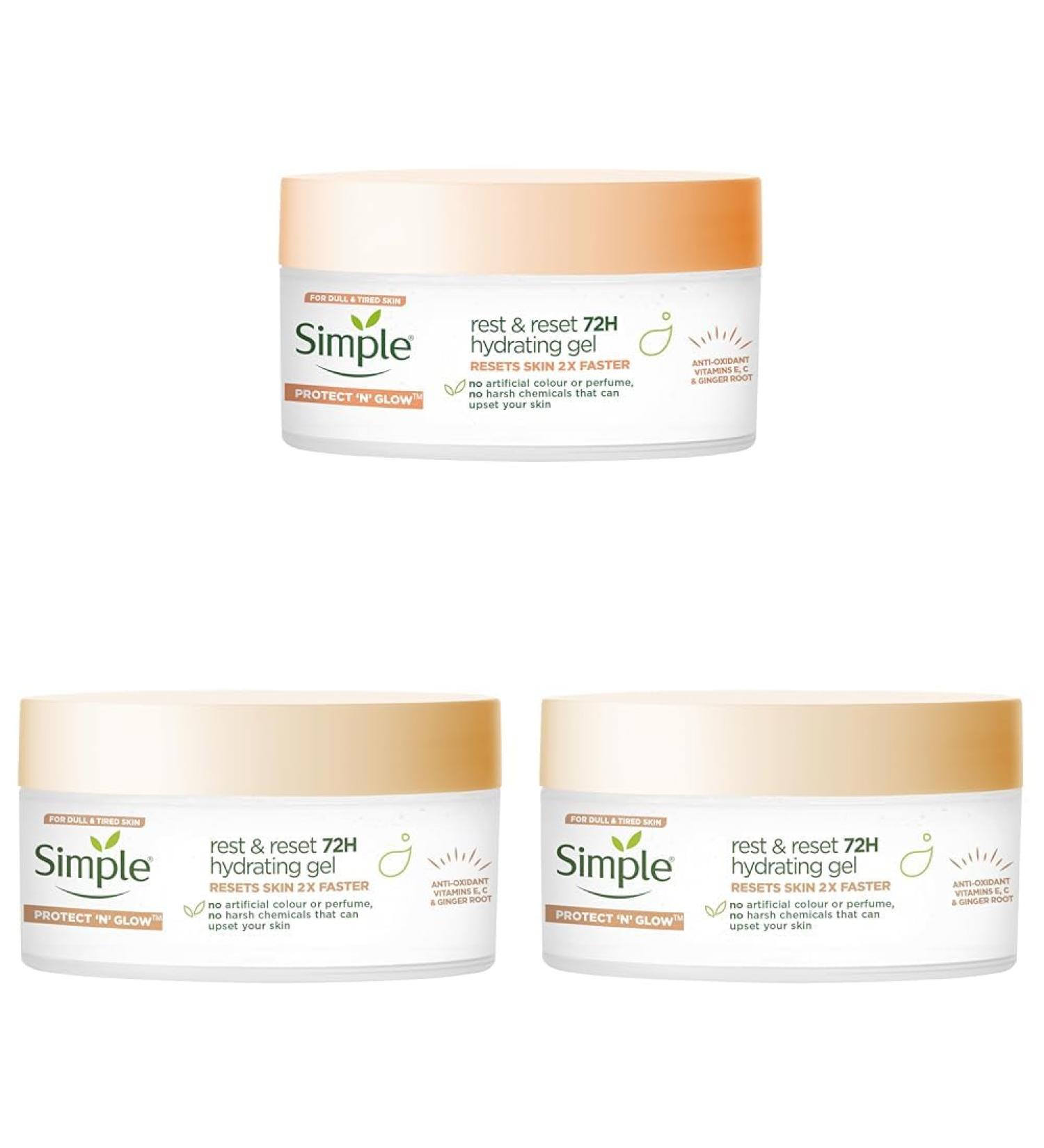 Simple Protect 'N' Glow Rest and Reset 72h Hydrating Gel cruelty-free vegan moisturiser to enhance glowing skin 50 ml (Pack of 3) 50 ml (Pack of 3) Hydrating Gel - Buy Online on GoSupps.com