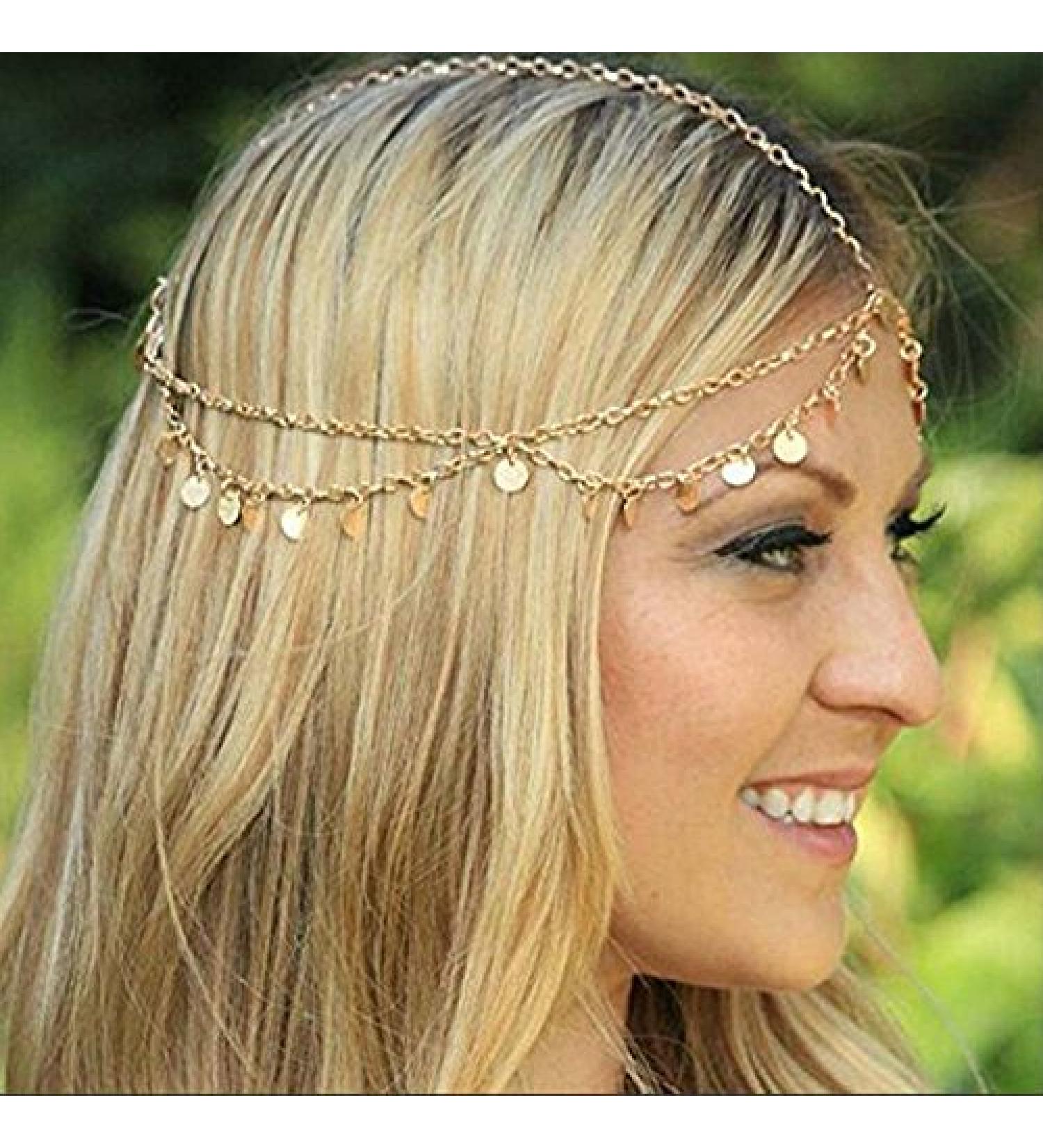 Aukmla Gold Sequins Head Chain Jewelry - Festival Halloween Hair Accessories for Women - Buy Online on GoSupps.com