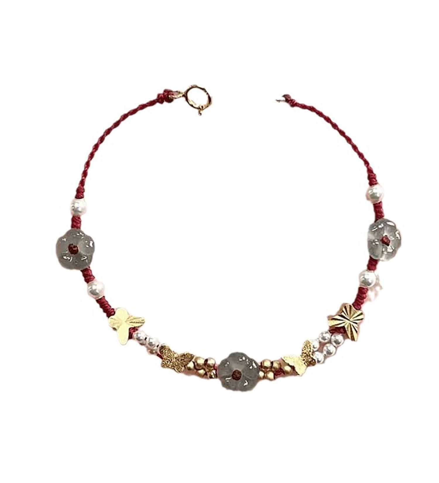 Oralgo Handmade Chinese Style Bracelet - Elegant Flower Butterfly and Pearl Woven Design for Women - Happiness Charm - Buy Online on GoSupps.com