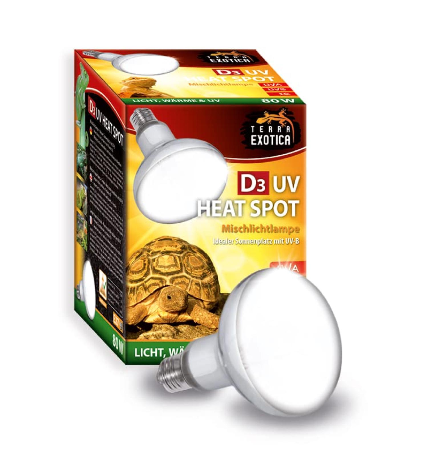Terra Exotica D3 UV Heat Spot 80 Watt | UVB Heat Lamp for Reptiles | 100W & 125W Options Available | Sunlight Simulation & D3 Synthesis - Buy Online on GoSupps.com