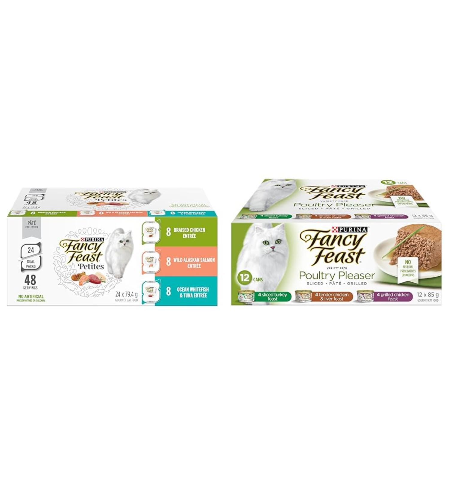 Fancy Feast Petites Wet Cat Food Pate Collection Variety Pack 3 Flavours - 79.4 g x 24 Tray (24 Pack) & Wet Cat Food Poultry Pleaser Variety Pack 3 Flavours - 85 g Can (12 Pack) Wet Cat Food+ Cat Food 3 Flavours - Buy Online on GoSupps.com