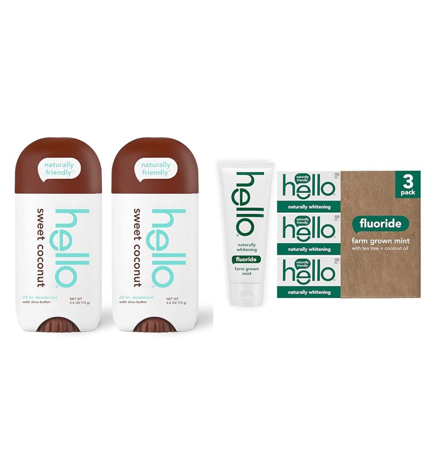 hello Sweet Coconut Deodorant With Shea Butter for Women + Men & Naturally Whitening Fluoride Toothpaste Natural Peppermint Flavor and Tea Tree Oil Peroxide Free - Buy Online on GoSupps.com