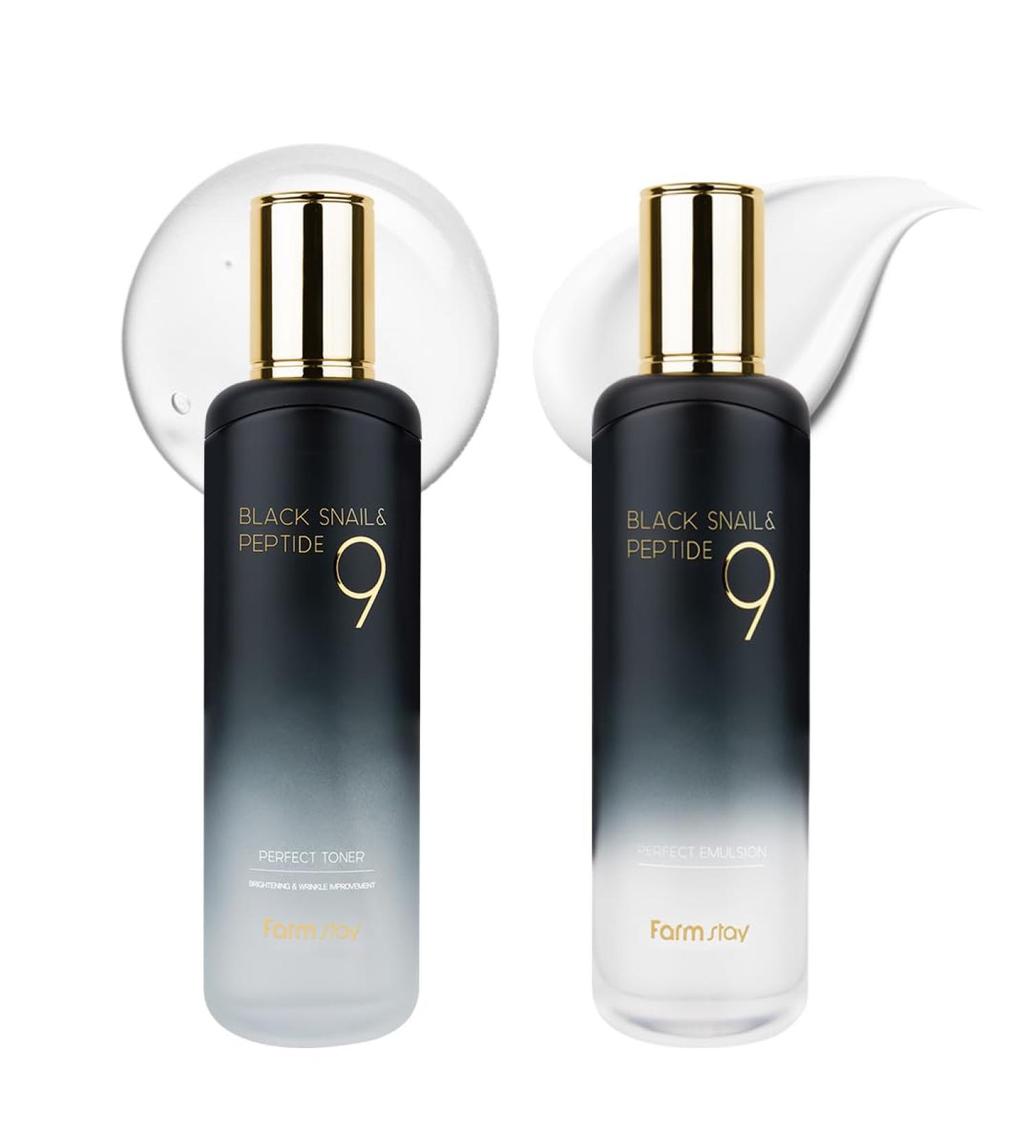 FARMSTAY Black Snail & Peptide 9 Perfect Toner + Emulsion Snail Mucin Moisturizer for Elastic & Glow Skin Hydrating & Soften Anti-Aging Skin Barrier Repair for Women & Men Korean Skin Care - Buy Online on GoSupps.com