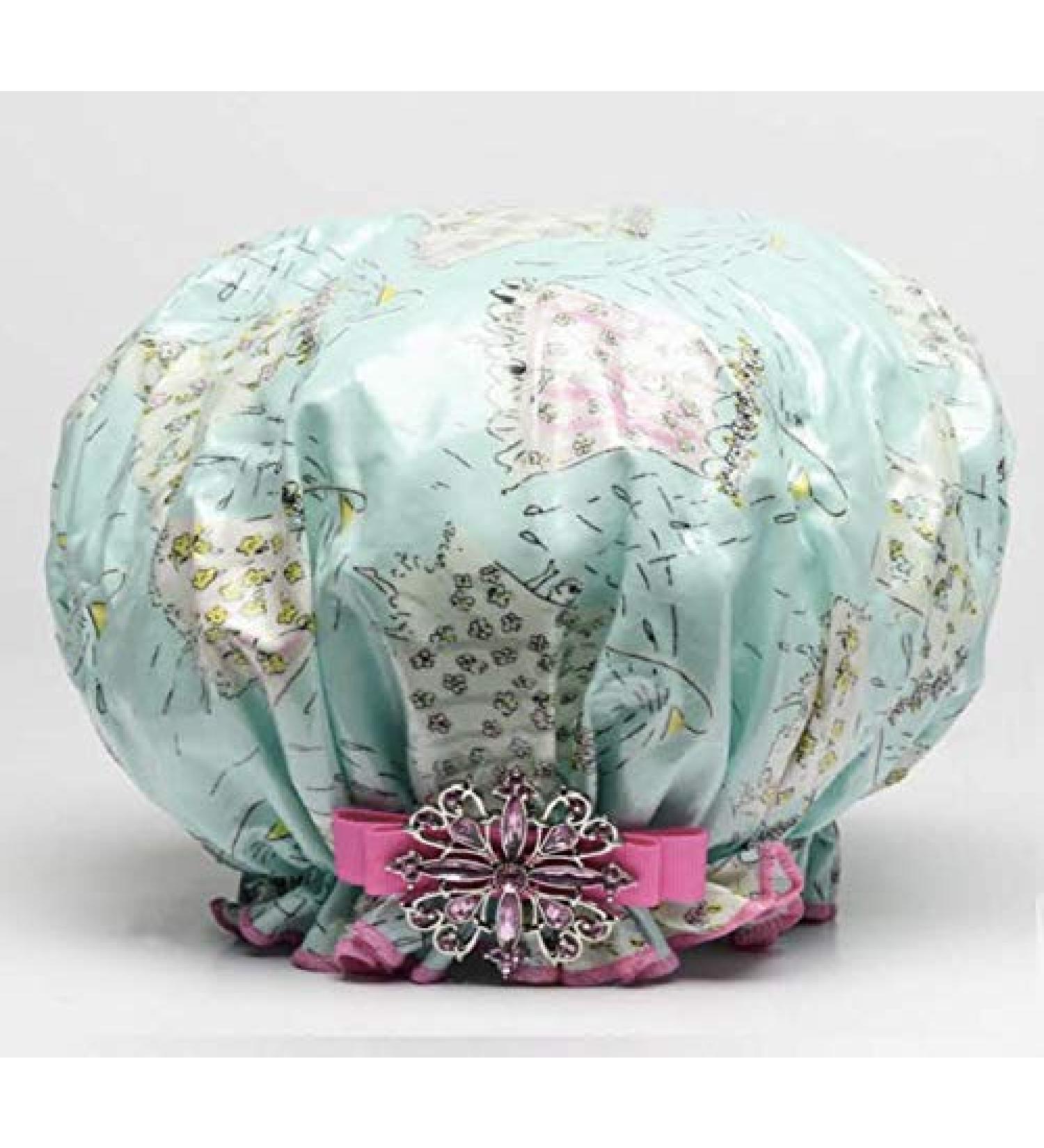 Dry Divas Designer Shower Cap For Women - Washable  Reusable - Large Bouffant Cap With Vintage Jeweled Brooch (Shower Power)
