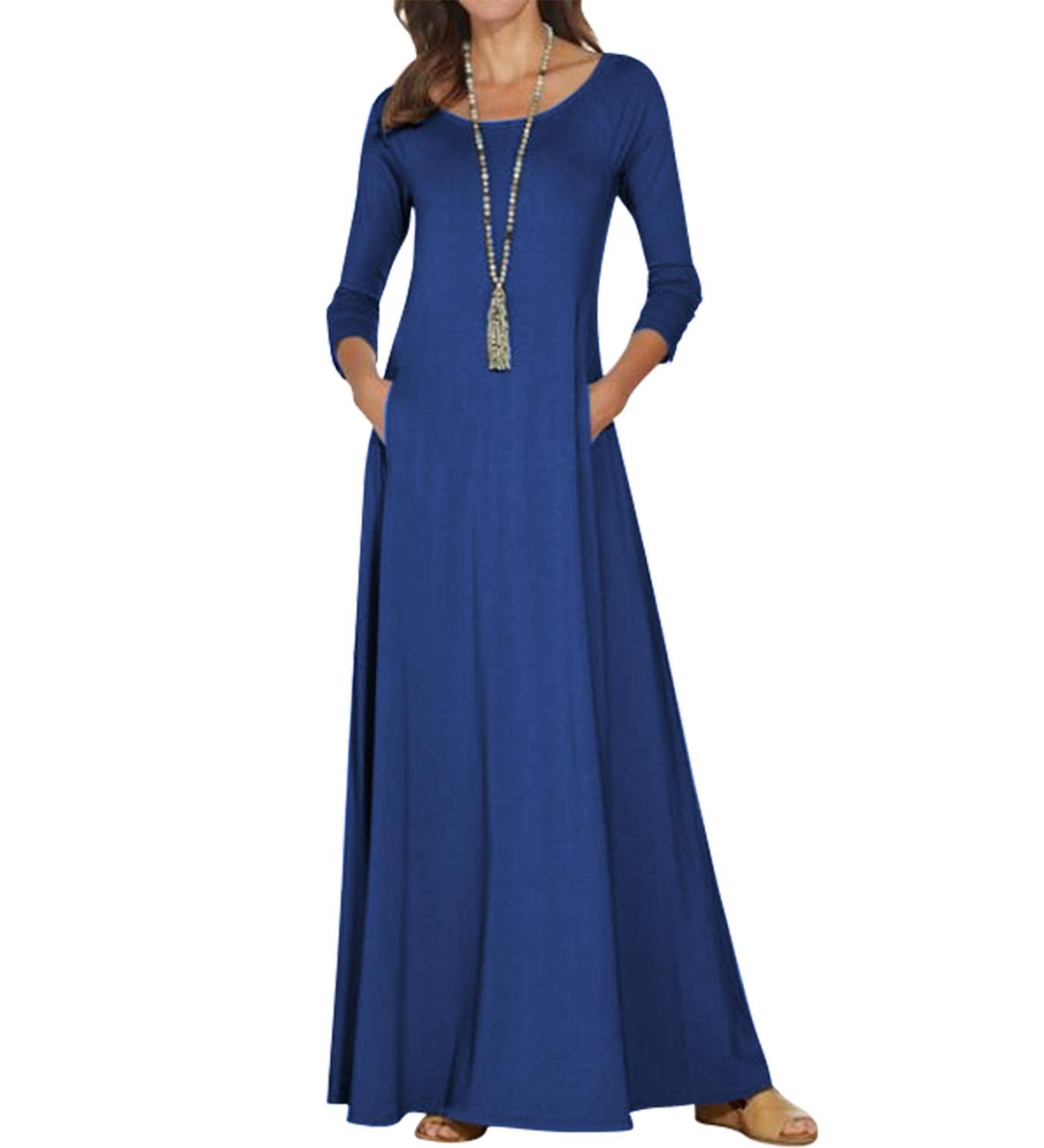 Jacansi Women's Boat Neck Maxi Dress 4XL Blue - 3/4 Sleeve Casual Dress with Pockets - Buy Online on GoSupps.com