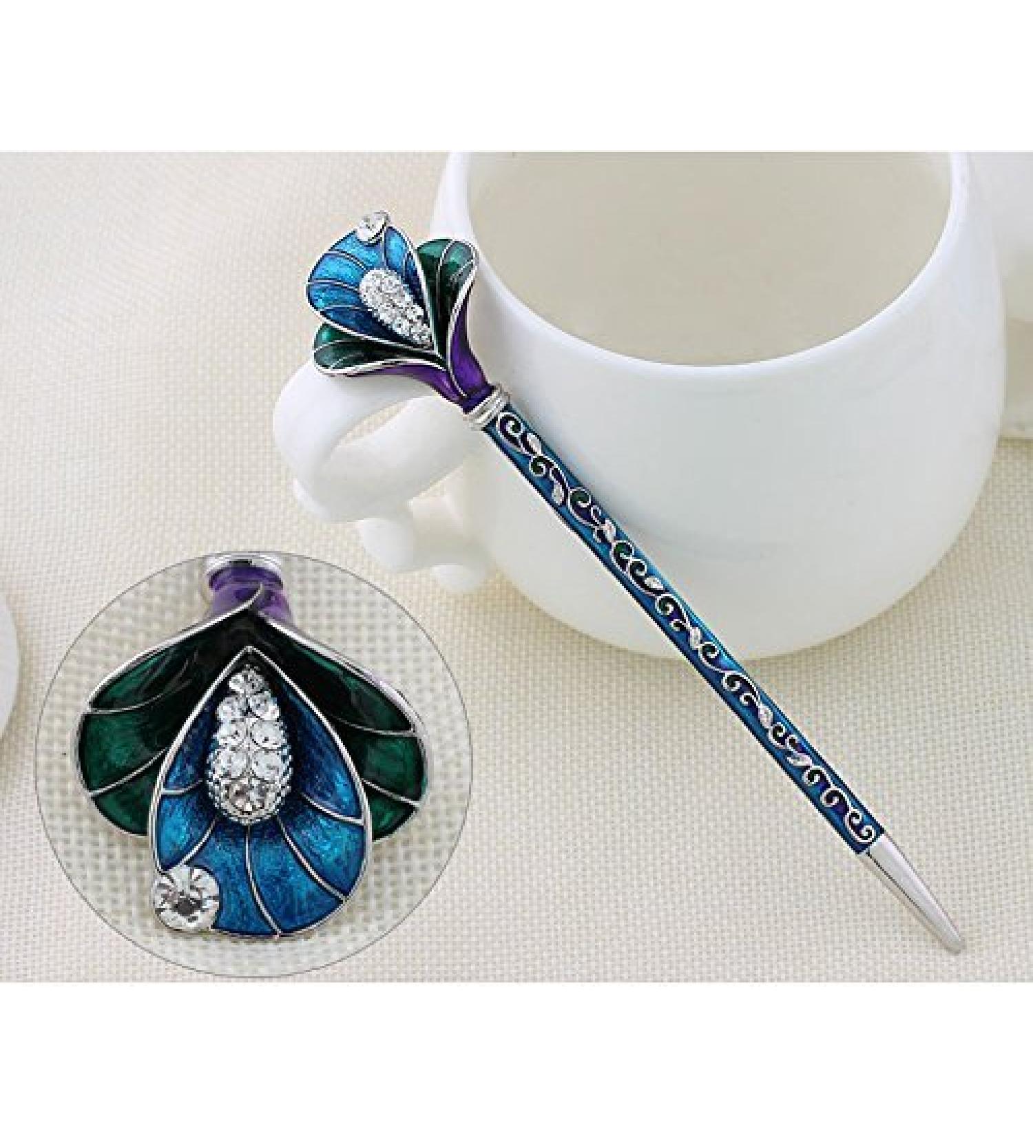 Chinese Traditional Classical Hair Pins Stick Crystal Antique Lotus Fork Hairpin hair Sticks hair Chopsticks wedding Hair Jewelry (#BLUE) - Buy Online on GoSupps.com