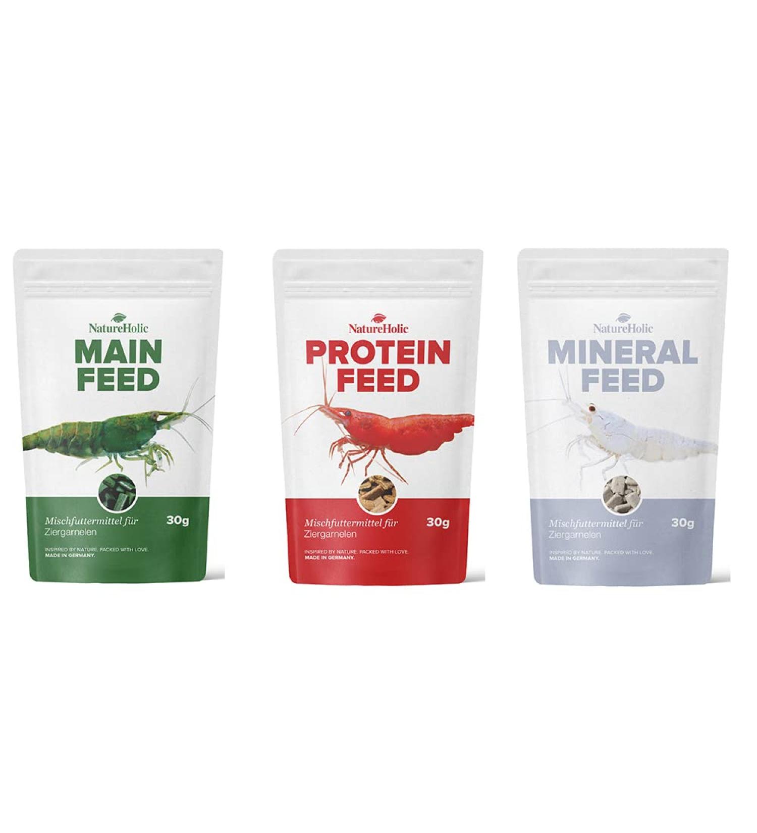 NatureHolic - 3 Pack Shrimp Food - Mainfeed/Proteinfeed/Mineralfeed - Shrimp Food for Aquarium - 3 x 30g