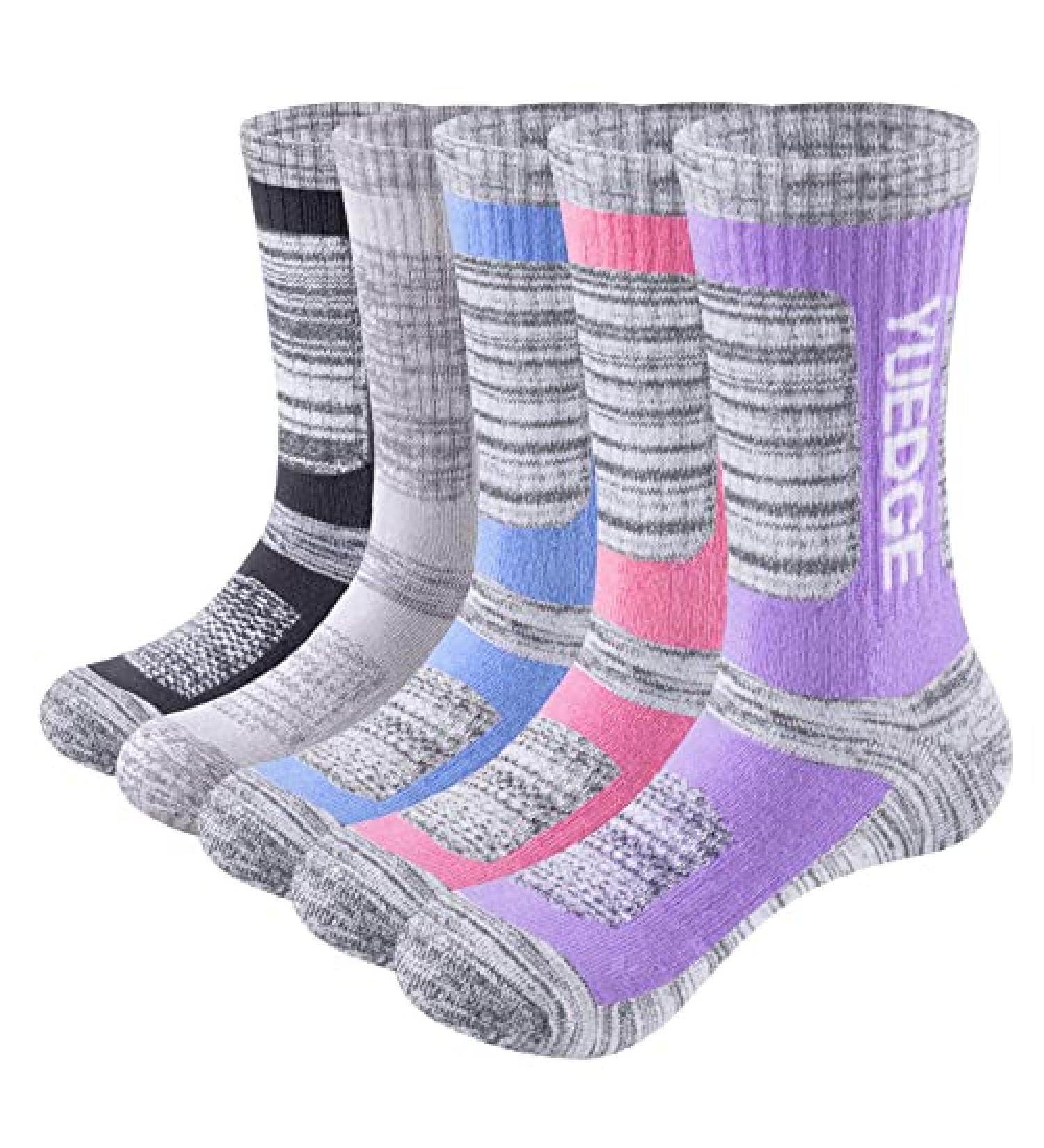 YUEDGE Women's Hiking Socks - Performance Cushion Crew Socks for Golf, Workout, and Athletic Activities - Pack of 5 (Blue/Green/Purple/Red/Yellow) - Size 5-9 - Buy Online on GoSupps.com