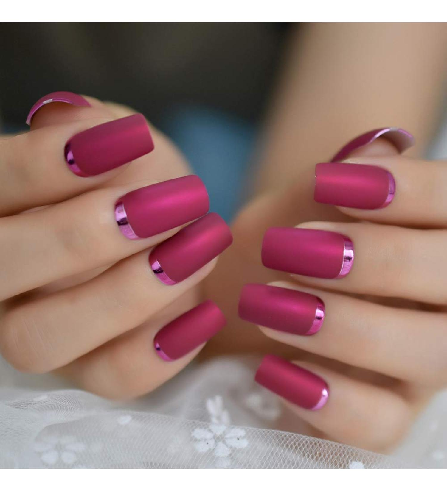 Matte Rose Red Fake Nails | Metallic Moo Medium | Acrylic Nail Art Tips L5231-1 - Buy Online on GoSupps.com