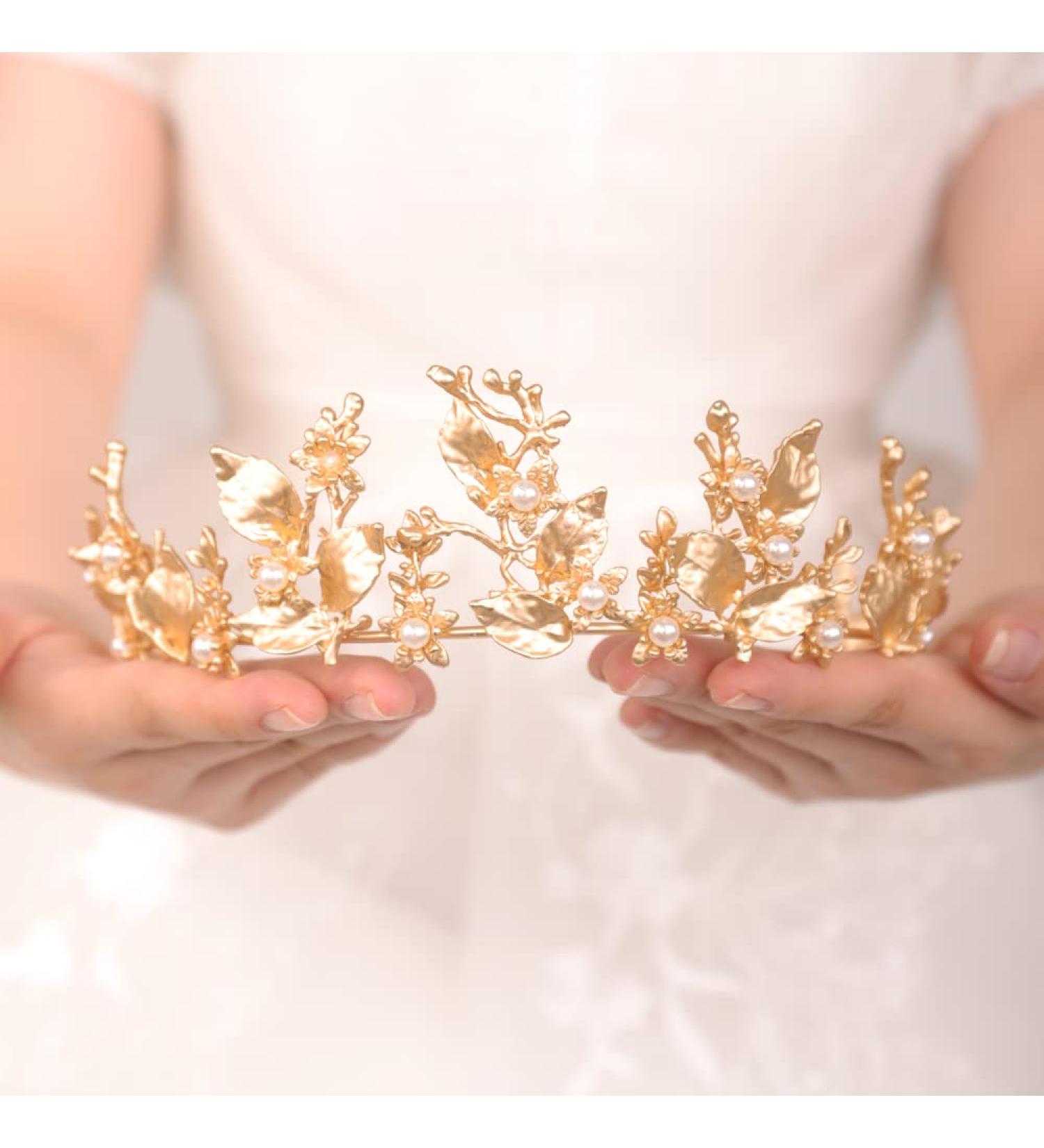 JWICOS Gold Tiara Crown for Women - Bridal Wedding & Prom Princess Tiara Crown - Elegant Floral Leaves Pearl Crown for Pageant & Halloween Costume - Buy Online on GoSupps.com