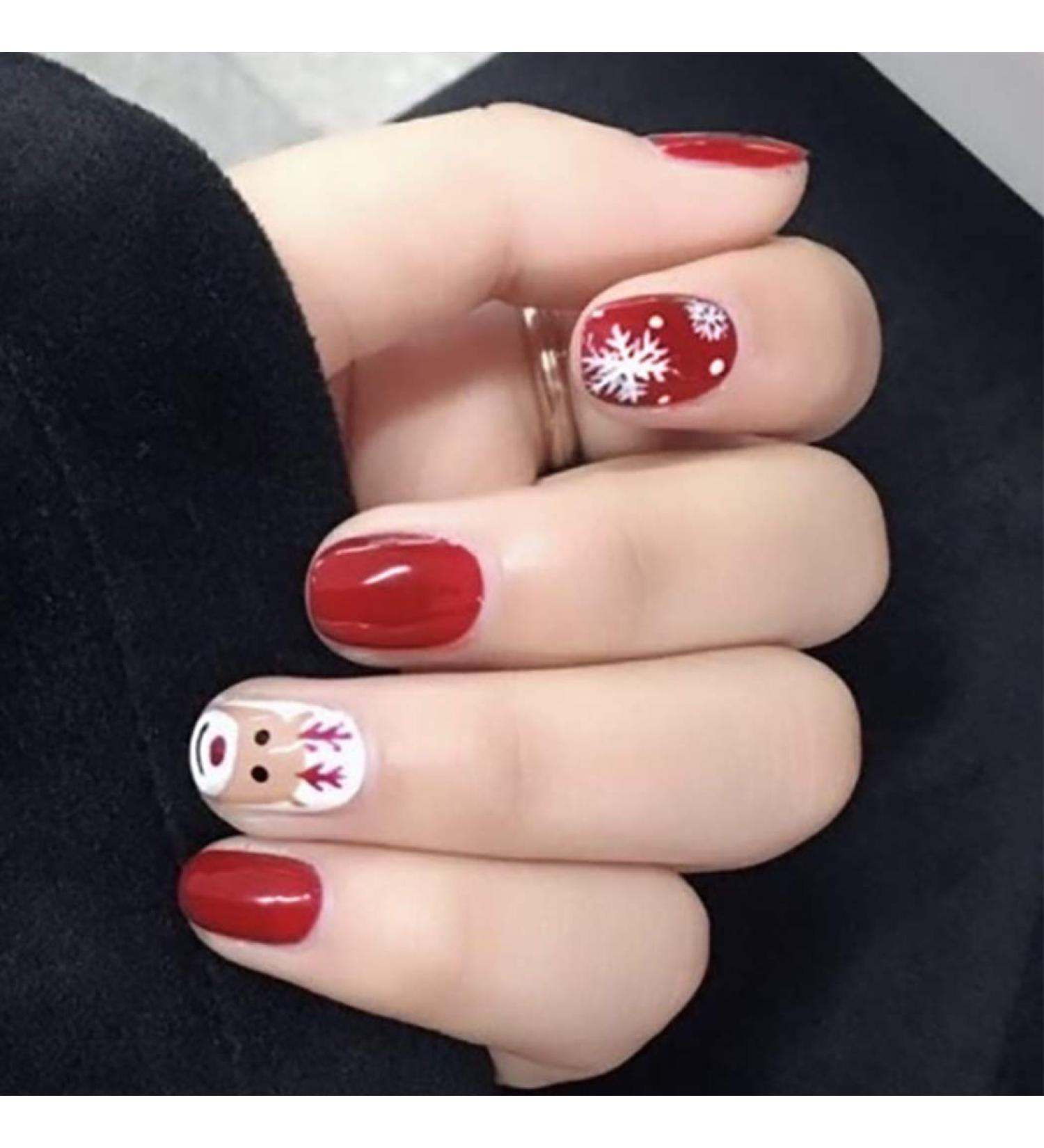 Brishow Christmas Snow Elk Press on False Nails - Red Short Square Fake Nails for Women & Girls (24pcs) - Buy Online on GoSupps.com