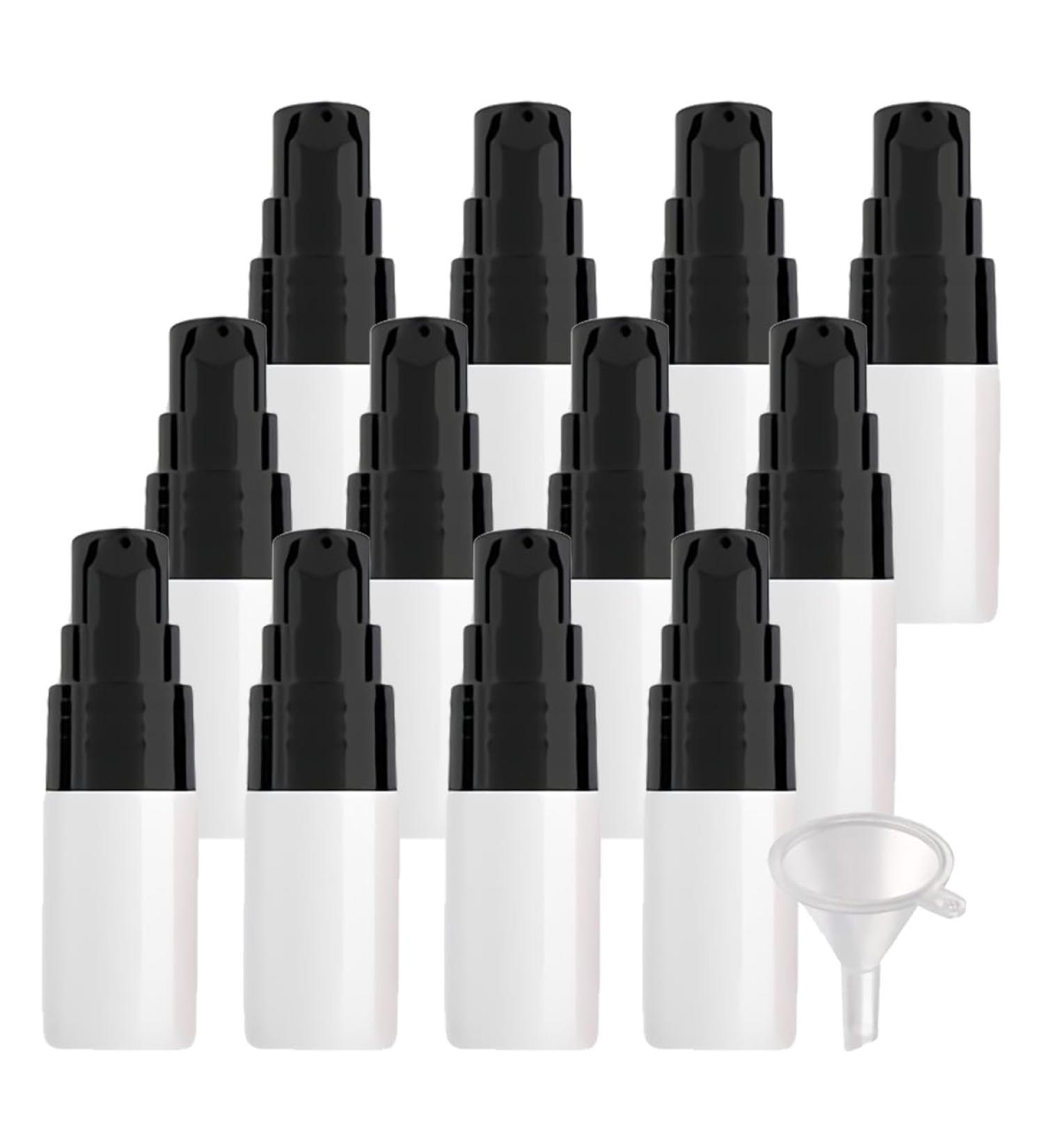 ZEOABSY 12 Pieces 10 ml White Lotion Bottles with Black Pump 10ml Empty PET Plastic Lotion Pump Bottle Cosmetic Gel Travel Container for Cosmetic Make up Cleaning + 2 x Funnel White 10ml - Buy Online on GoSupps.com