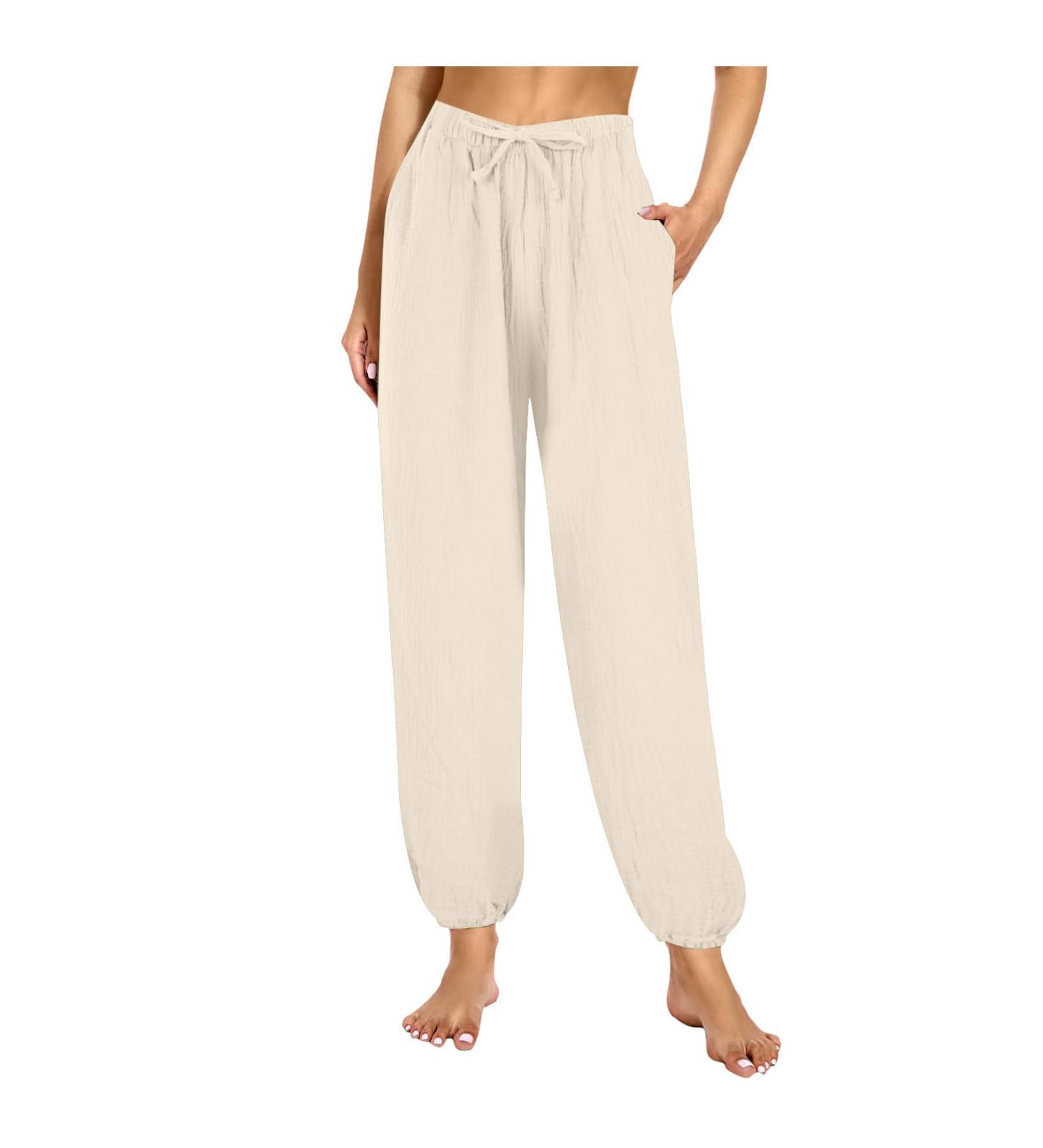 Sports pants women women fitness pump pants bicycle pants summer pants linen pants Harem pants fabric pairs of leisure pants white summer Light elegant stretch cotton airy slip pants Beige xxl
