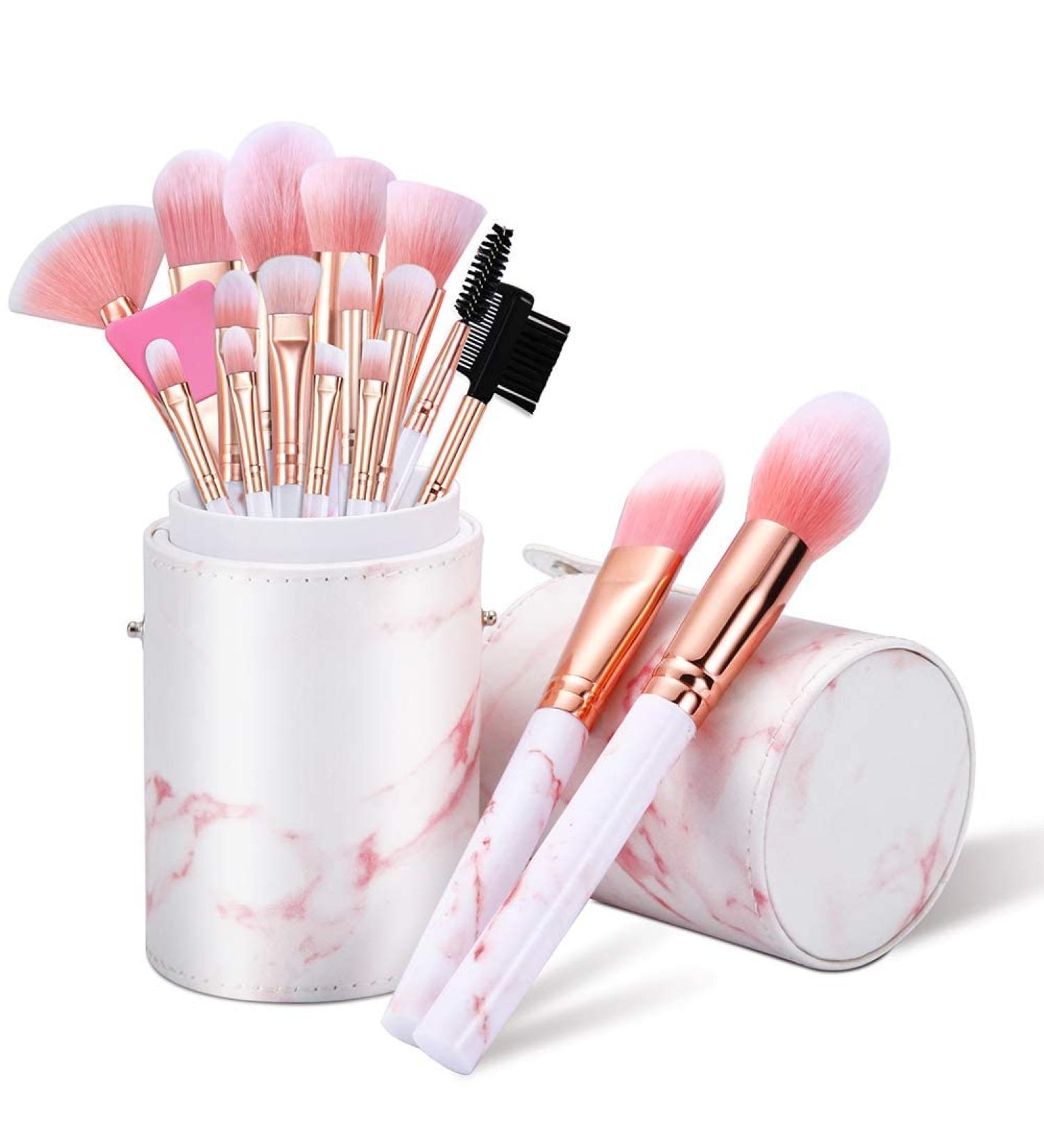 16-Piece Pink Marble Make-Up Brush Set with Holder | Foundation Eyeshadow & Eyebrow Brushes Perfect for Professionals & Beginners - Buy Online on GoSupps.com