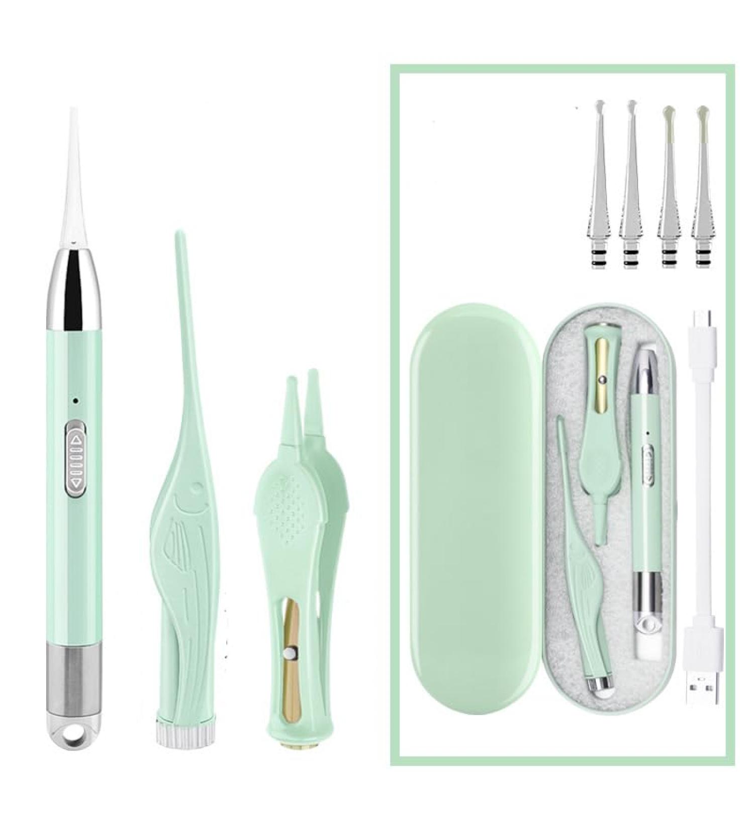 4-Piece Ear Wax Removal Tool with Lights - Safe and Comfortable - Stylish Storage Case - Magnifying Mirror - Green - Ideal for Children and Adults - Buy Online on GoSupps.com