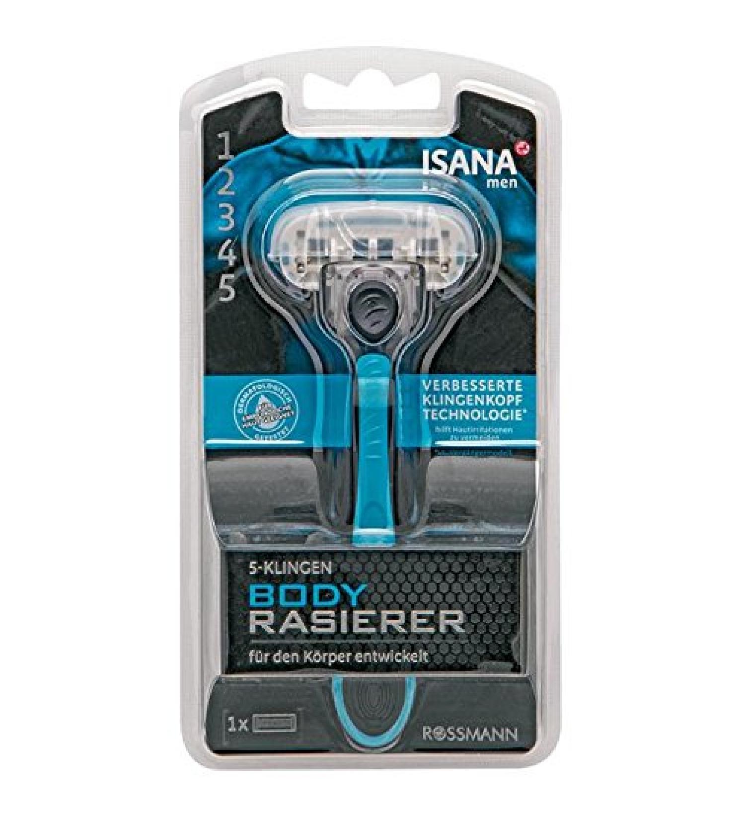Isana Men Bodyrasierer 1 piece 1 razor + 1 razor 5-blades developed for the body improved blade-head technology* helps to avoid skin irritation dermatologically tested