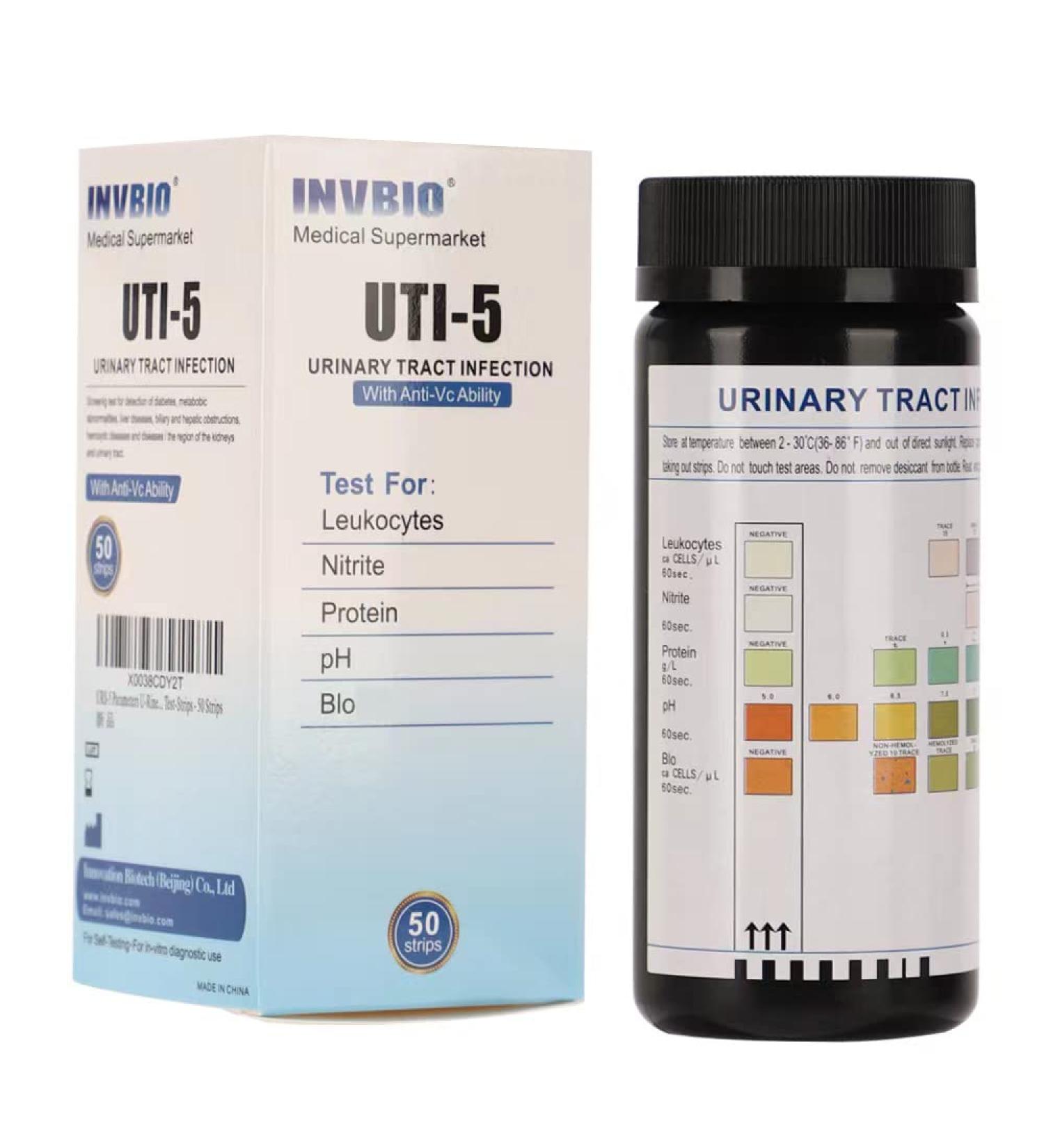 INVBIO URS 5-in-1 Urine Test Strips - 50 Count Pack - Protein, Leukocytes, Nitrite, pH, Blood - UTI & Urinary Tract Infection Strips - Buy Online on GoSupps.com