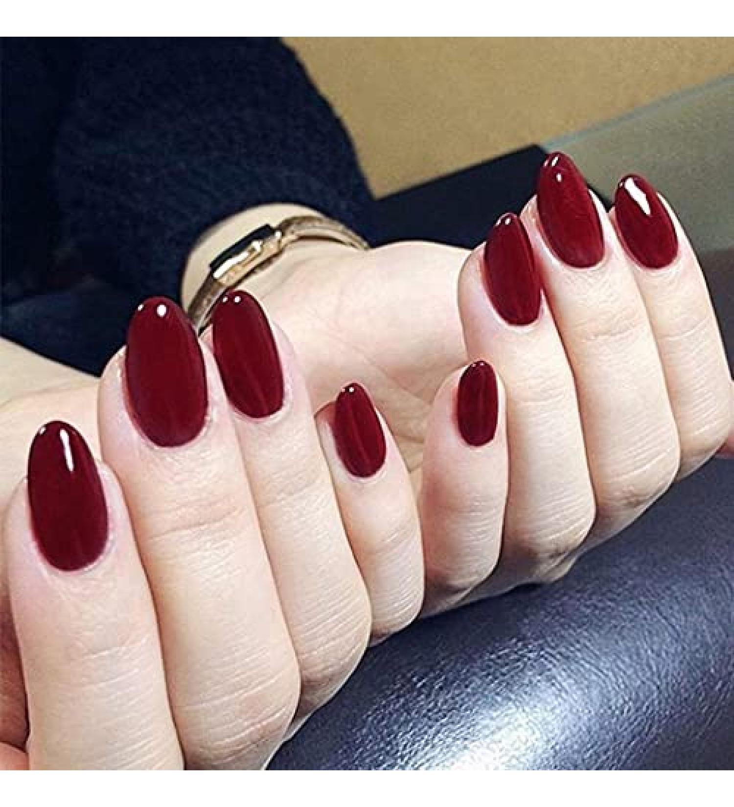 24pcs Dark Red Glossy False Nails Full Cover Short Acrylic Press on Fake Nails for Women and Girls - Buy Online on GoSupps.com
