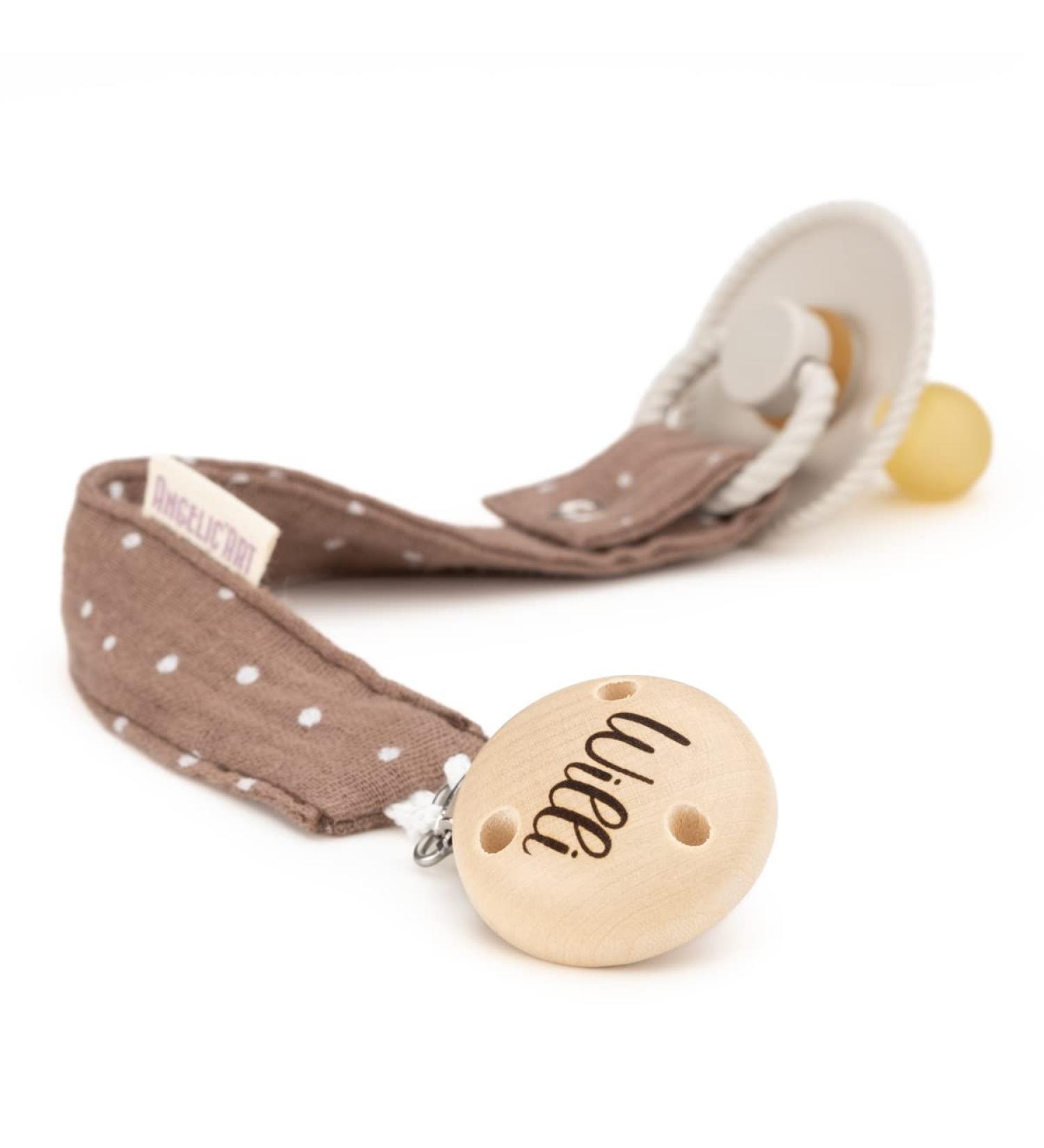 Customized AngelicArt Pacifier Strap with Engraved Name - Perfect Gift for Babies in Brown Dotted Design - Wide Color Selection - Buy Online on GoSupps.com