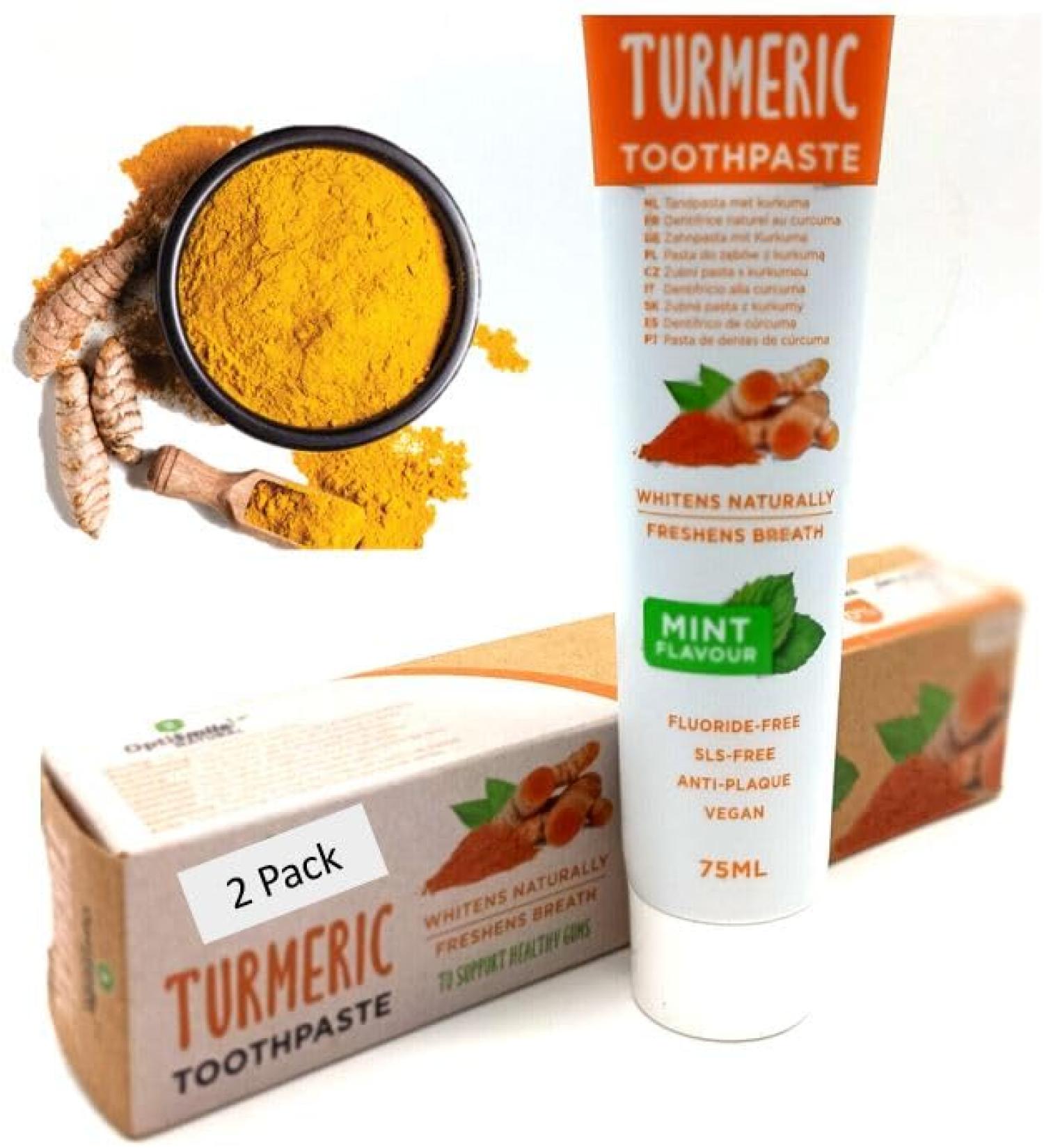 Natural Vegan Turmeric Toothpaste with Mint | SLS Free Whitening Curcumin Formula | 75ml x 2 - Buy Online on GoSupps.com