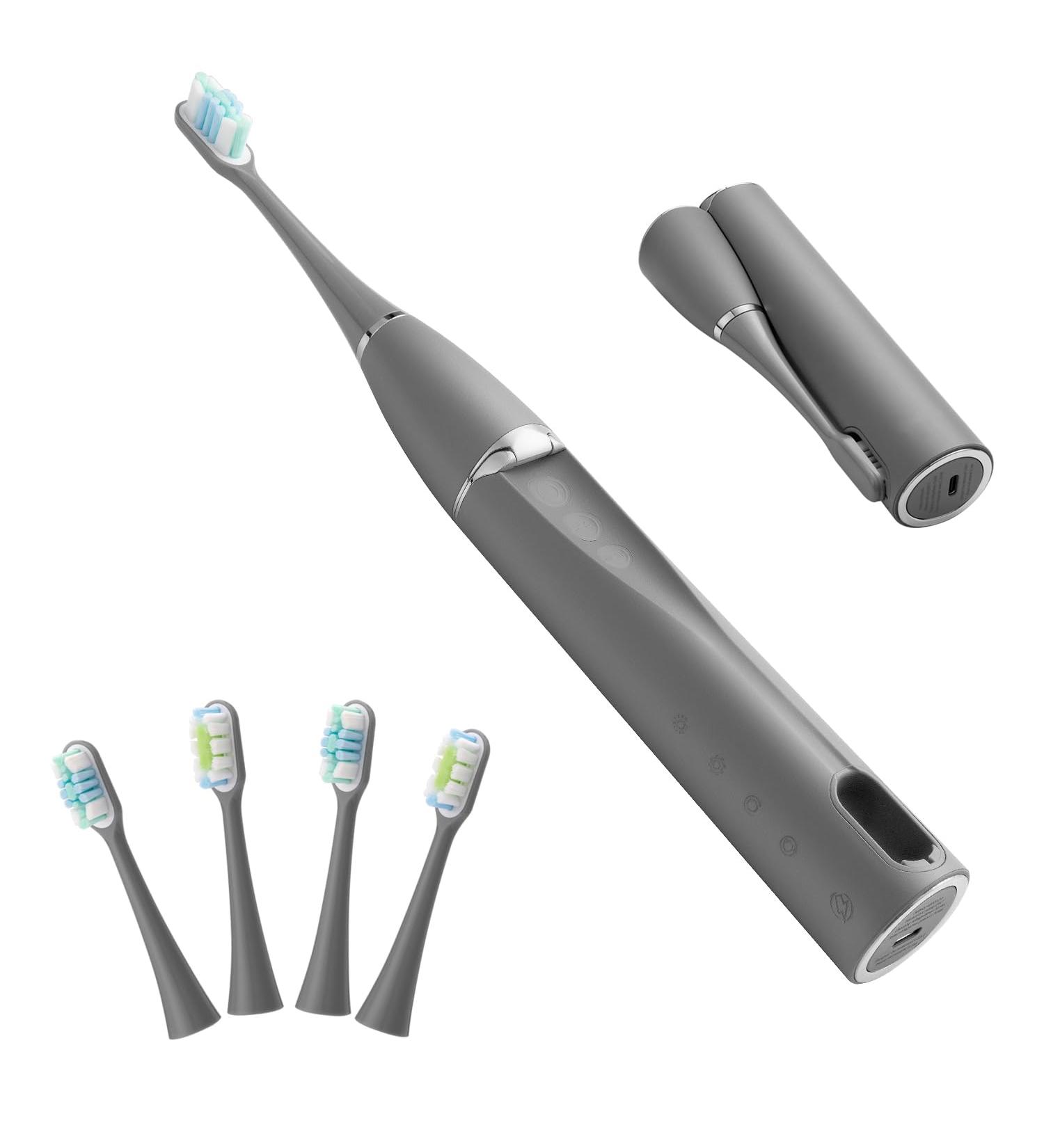 Folding Electric Toothbrush - Portable Sonic Teeth Cleaner with UV Sterilization | Rechargeable Travel Toothbrush with 4 Brush Heads - Grey & Black - Buy Online on GoSupps.com