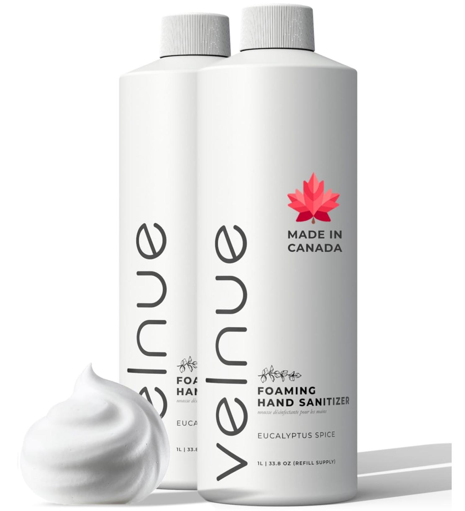 VELNUE Foaming Hand Sanitizer Refill Supply | Made in Canada with Moisturizing Aloe 70% Ethyl Alcohol Vitamin E and Essential Oils | 1L Eucalyptus Spice - 2 Bottles Eucalyptus Spice 2-Pack - Buy Online on GoSupps.com