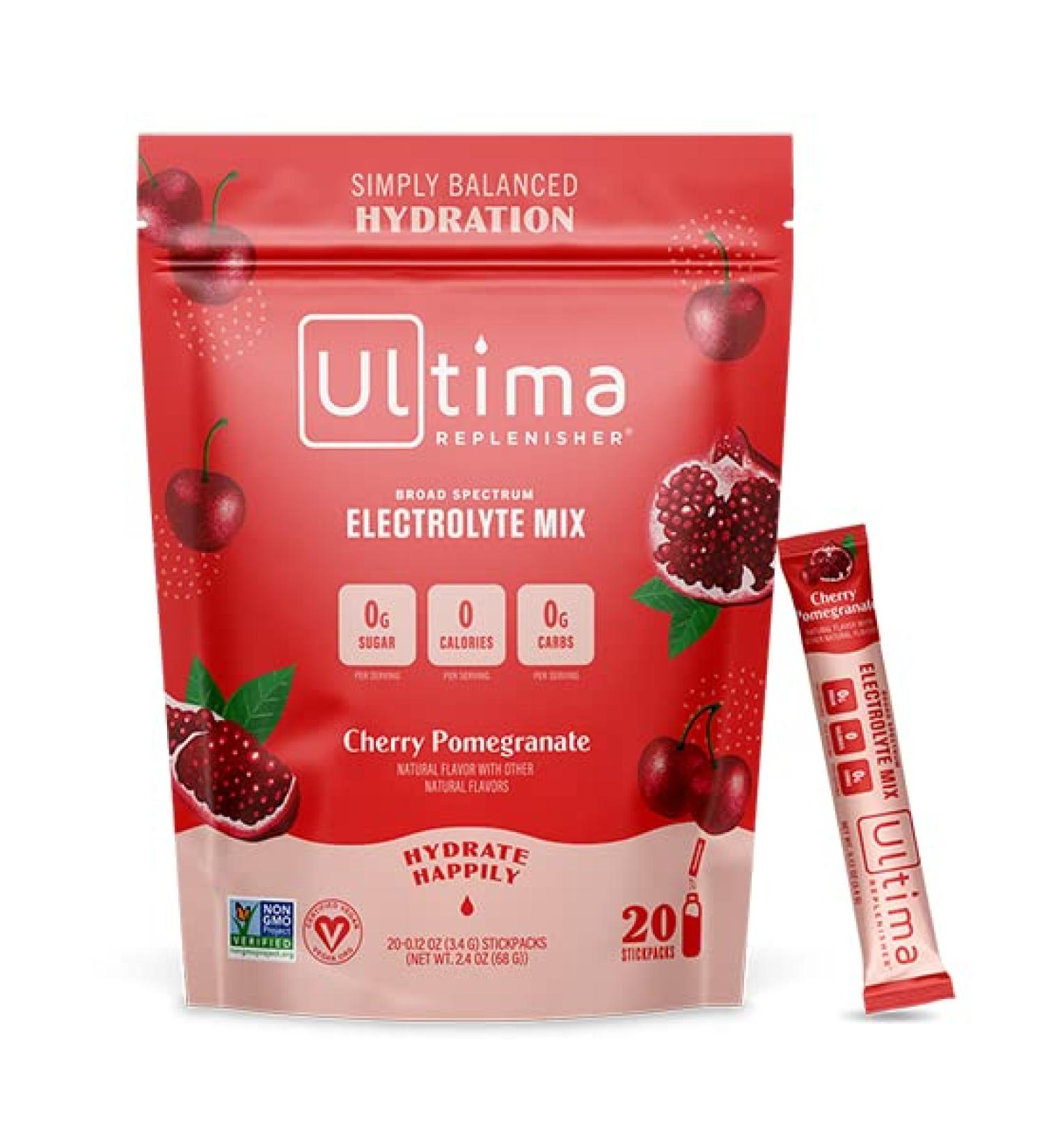Ultima Replenisher Electrolyte Hydration Powder - Cherry Pomegranate, Sugar Free, 0 Calories, 20 Stickpacks - Keto, Non-GMO, Gluten-Free - Buy Online on GoSupps.com
