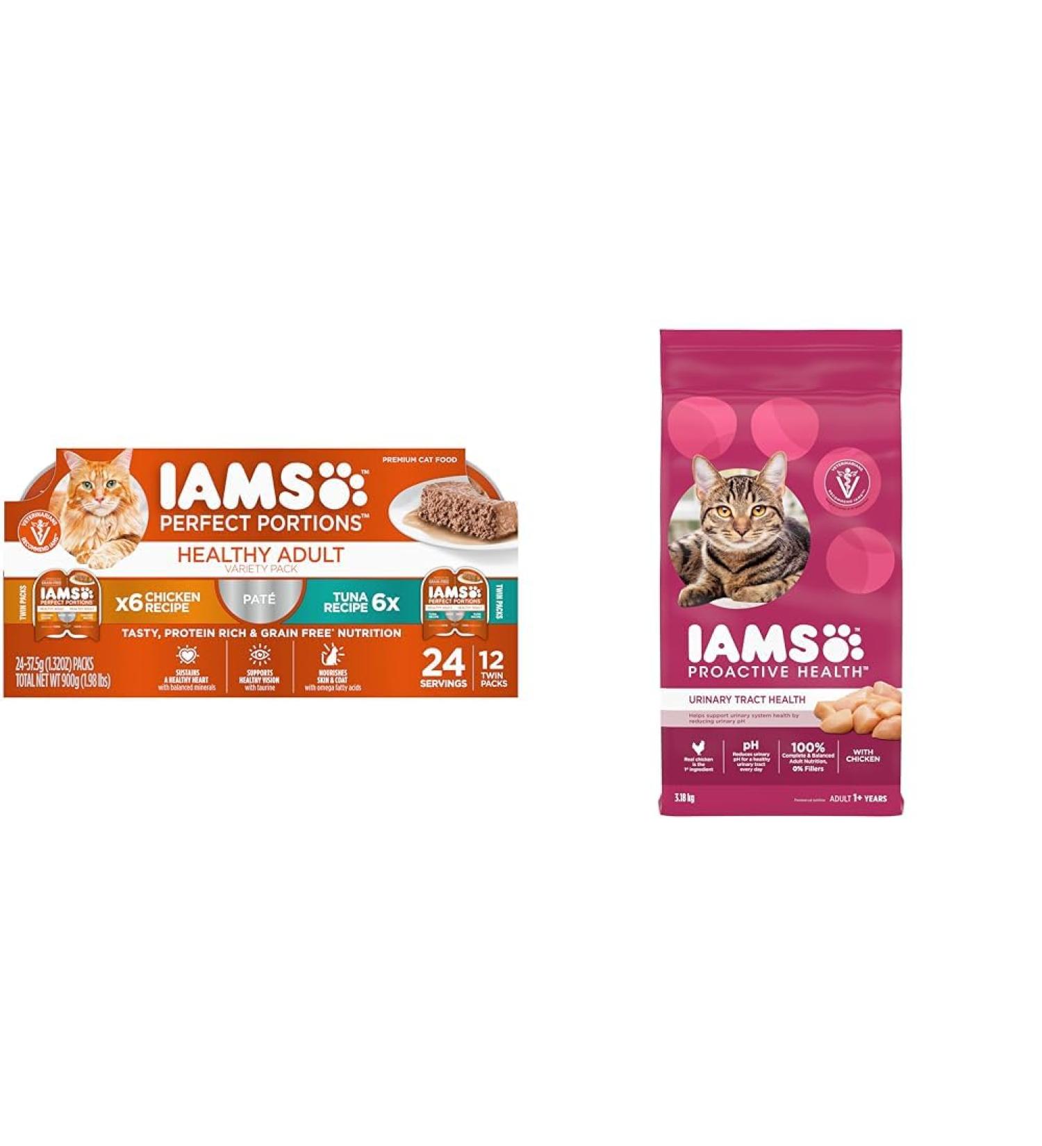 IAMS Perfect Portions Healthy Wet Cat Food Adult Grain Free Pat - Chicken and Tuna 75 g (Pack of 12) & Proactive Health Dry Cat Food Adult - Urinary Tract Health - Chicken 3.18kg Bag - Buy Online on GoSupps.com