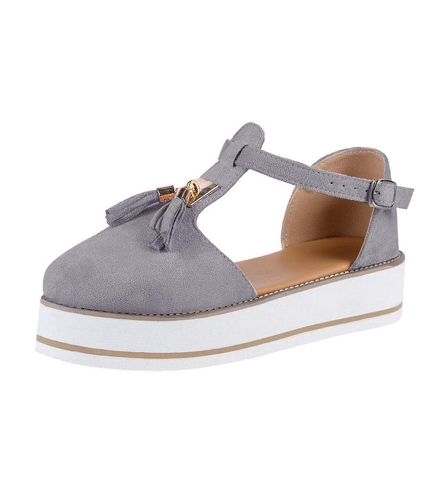 Buy Women's Gray Platform Sandals with Tassel & Buckle - Vintage Beach Espadrilles - Buy Online on GoSupps.com