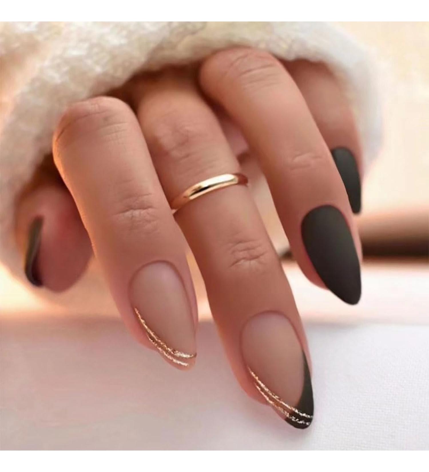 Shop Black Press-On Nails - Short Medium Almond Shaped French Tips with Gold Lines | 24 Pcs Acrylic Fake Nails for Women & Girls - Buy Online on GoSupps.com