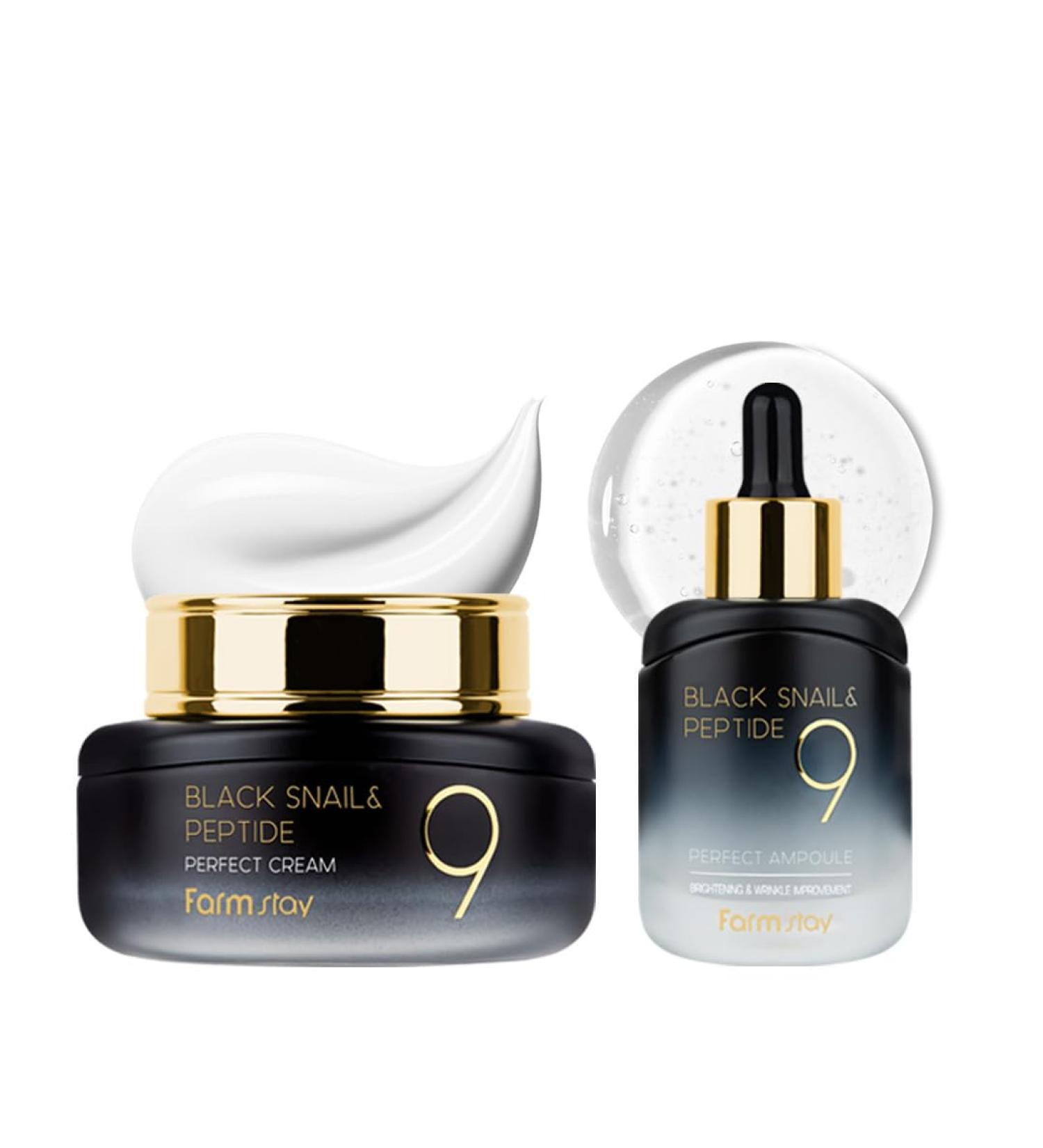 FARMSTAY Black Snail & Peptide 9 Perfect Cream + Ampoule Snail Mucin Moisturizer for Elastic & Glow Skin Hydrating & Nourishing Skin Barrier Repair for Women & Men Korean Skin Care - Buy Online on GoSupps.com