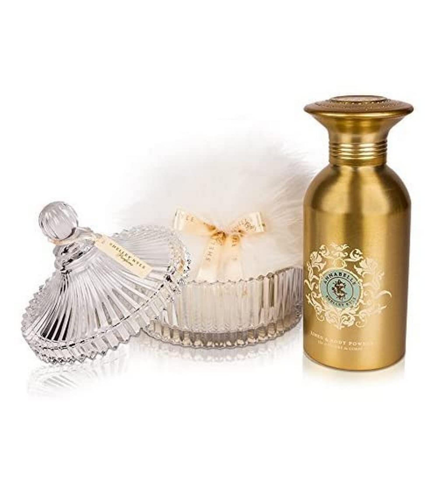 Annabelle Body and Linen Powder Gift Set with Large Puff and Crystal Dish