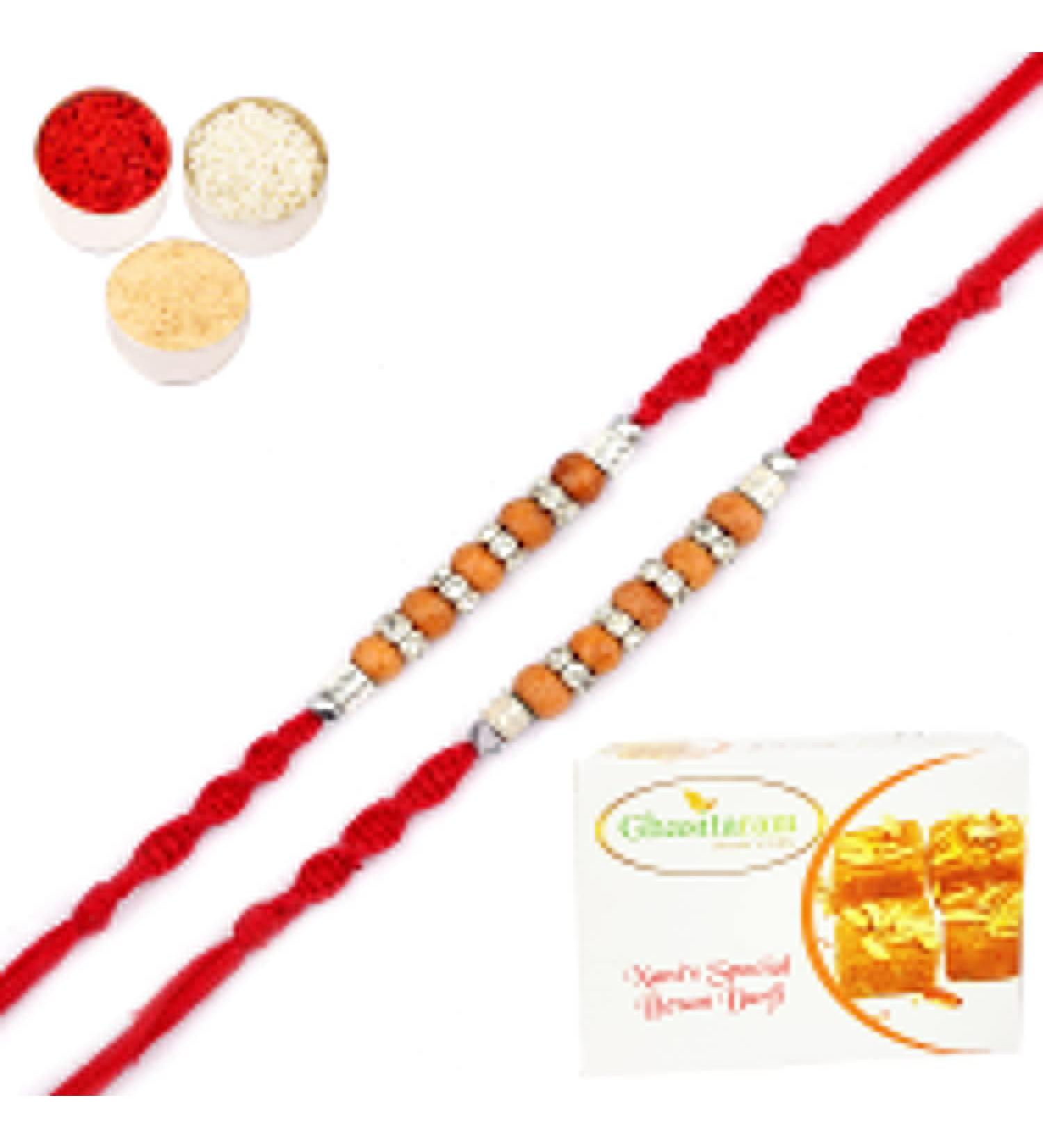 Ghasitaram Gifts Rakhi for Brother Rakhis Online - Set of 2-Nbh204 Rakhis with 400 GMS of Besan Barfi Rakhi Set with 400 gms of Besan Barfi - Buy Online on GoSupps.com