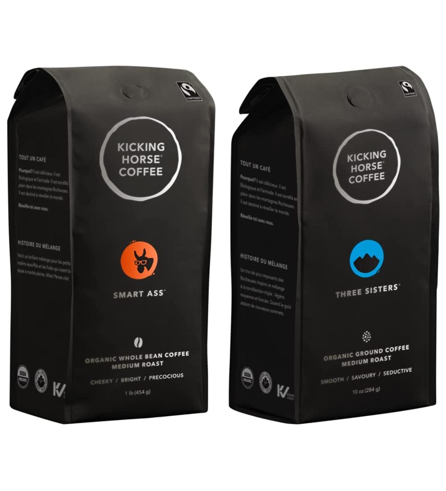 Kicking Horse Coffee Smart Ass Medium Roast Whole Bean 1 lb - Certified Organic Fairtrade Kosher Coffee & Three Sisters Medium Roast Ground 284 g - Certified Organic Fairtrade Kosher Coffee - Buy Online on GoSupps.com