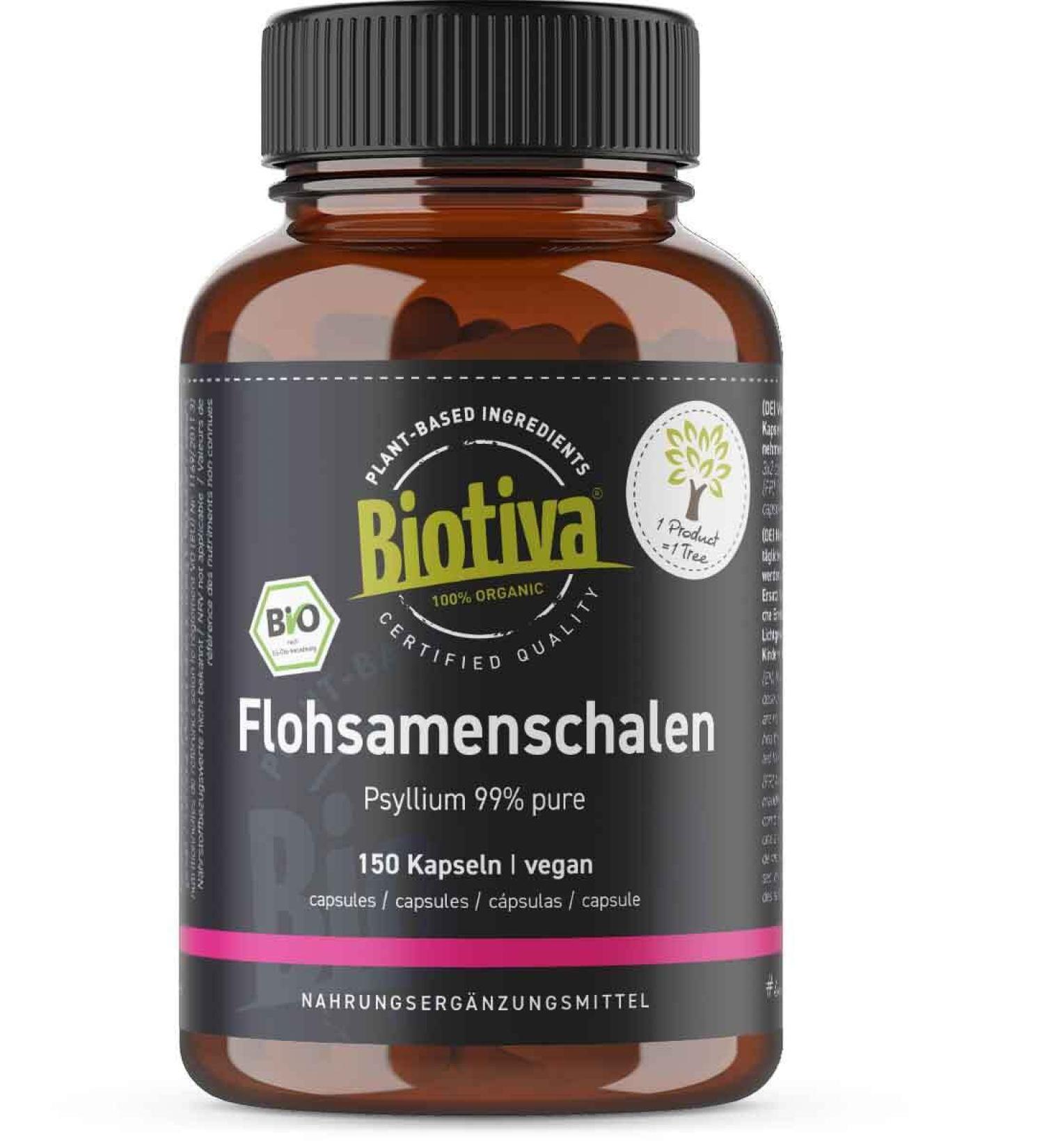 Organic Psyllium Shells 150 Capsules - 700mg High-Dose with 99% Purity & 90% Fiber - Plantago Ovato - Bottled in Germany - Biotiva - Buy Online on GoSupps.com