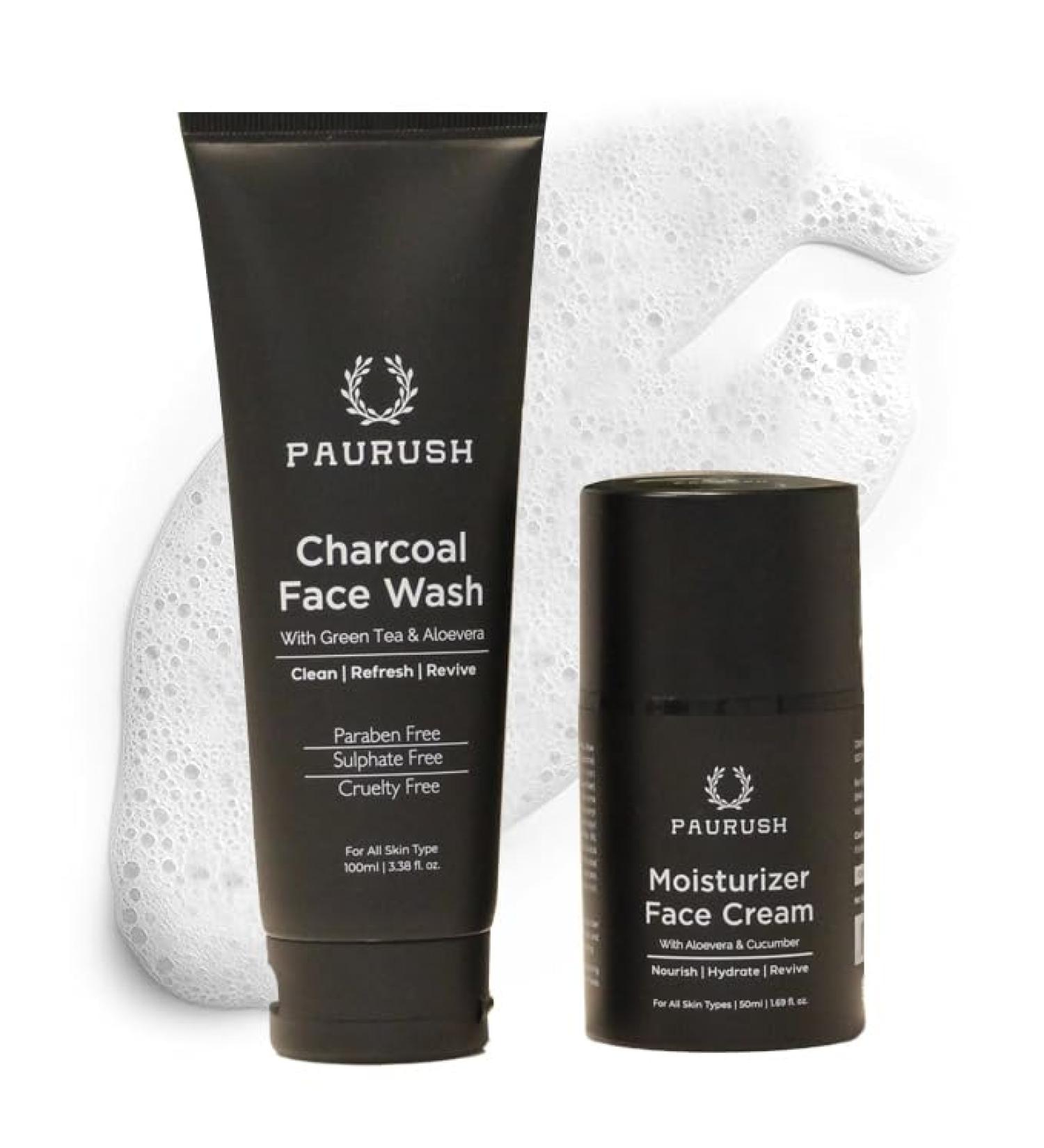 PAURUSH Men's Skincare Set Charcoal Face Wash with Green Tea and Aloe Vera 100ml Moisturizer Face Cream with Aloe Vera 50ml Paraben Free - Buy Online on GoSupps.com
