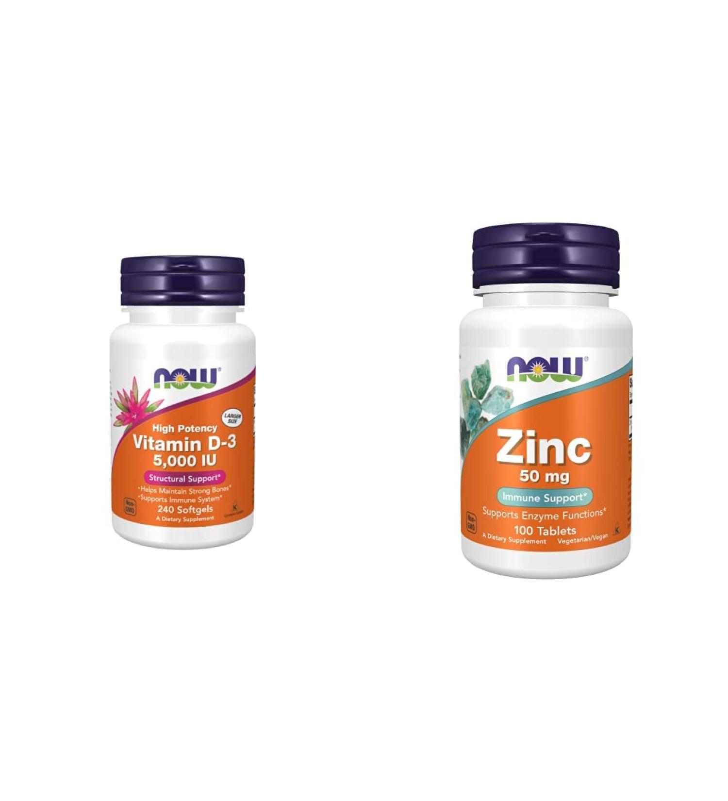 NOW Vitamin D-3 5000 IU 240 Softgels & Zinc Gluconate 50 mg 100 Tablets - Immune Support Combo Pack - Buy Online on GoSupps.com