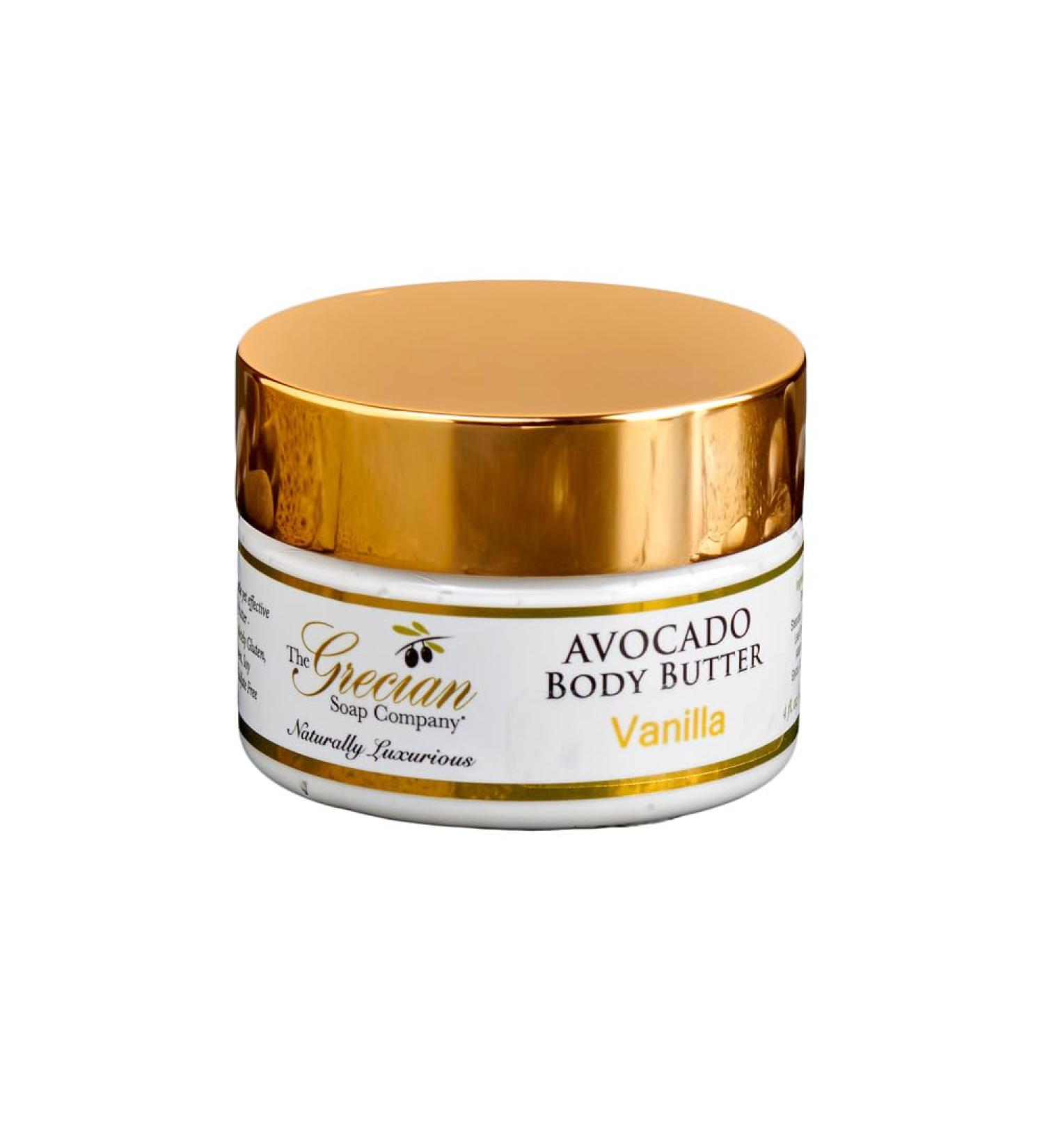 Grecian Avocado Body Butter in Vanilla - Natural and Organic Body Cream for Dry Skin Organic Body Butter for Women with Avocado Oil and Glycerin 4 oz.
