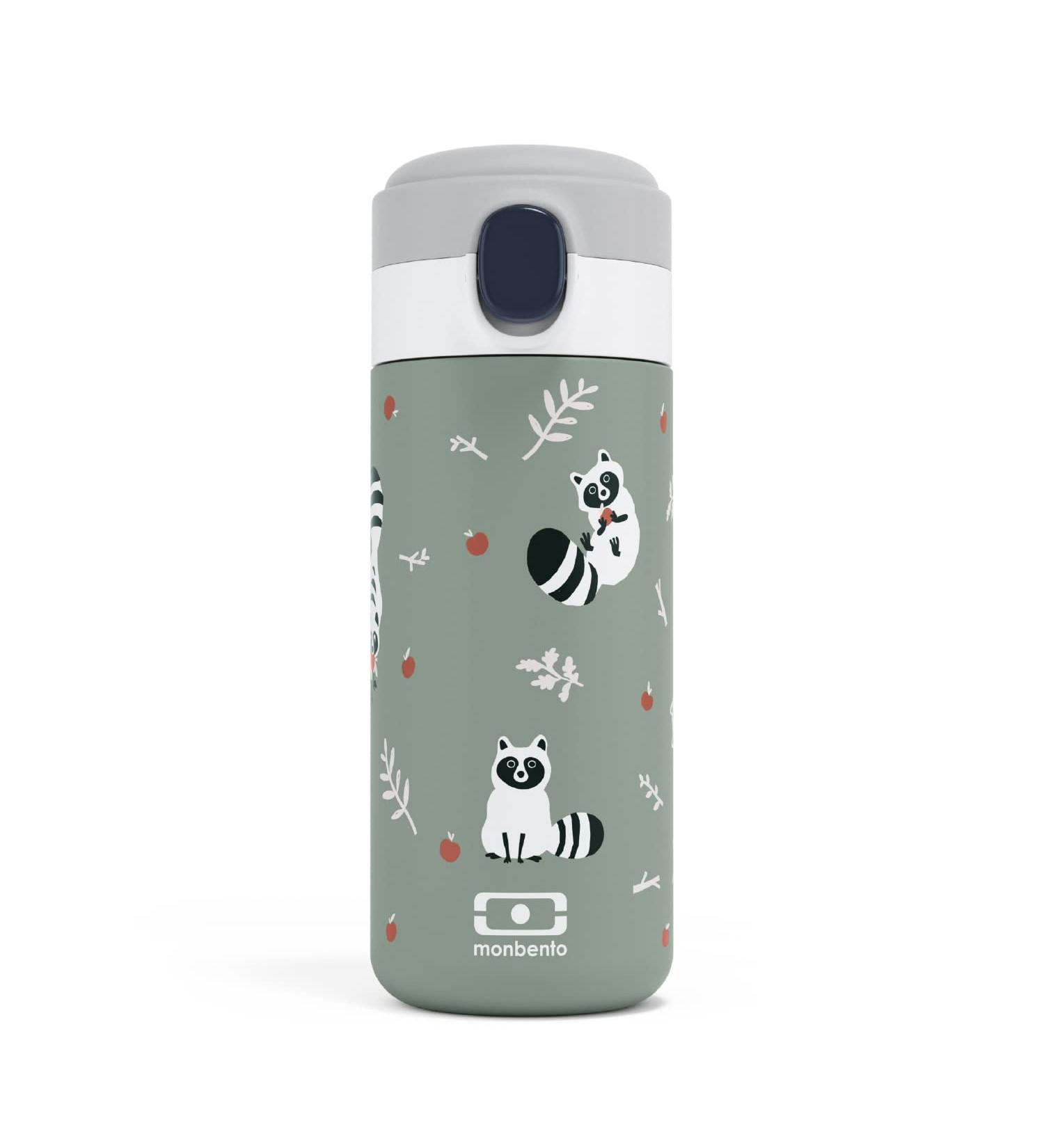 MONBENTO Kids Insulated Bottle 12oz - Leakproof, Hot/Cold 12 Hours - BPA Free, Green Raccoon Design - Buy Online on GoSupps.com
