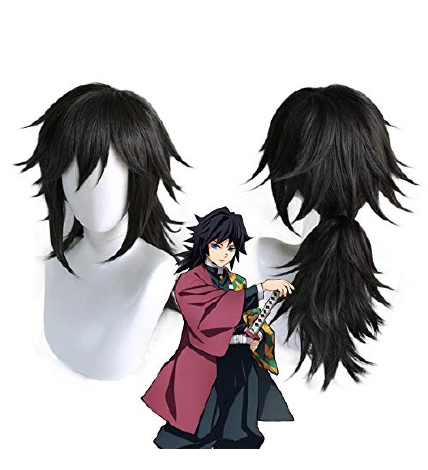Demon Slayer Tomioka Giyuu Cosplay Wig - Black Long Ponytail Heat Resistant Synthetic Hair + Wig Cap | International Shipping - Buy Online on GoSupps.com