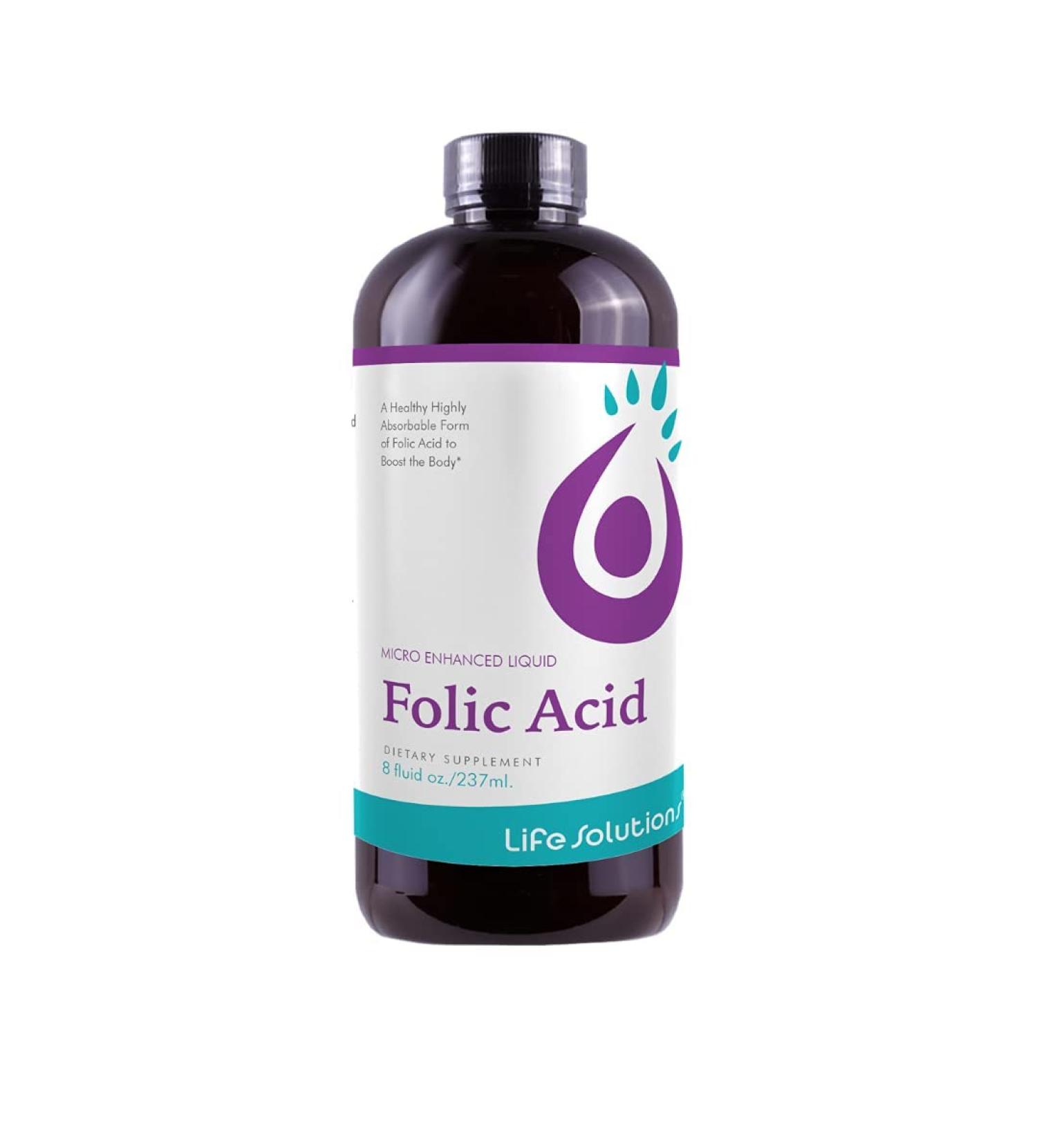 Life Solutions Liquid Folic Acid Supplement 800 mcg Vitamin B9 per Serving Berry Flavor 8 fl oz Fast Absorption Prenatal Heart & Brain Support - Buy Online on GoSupps.com