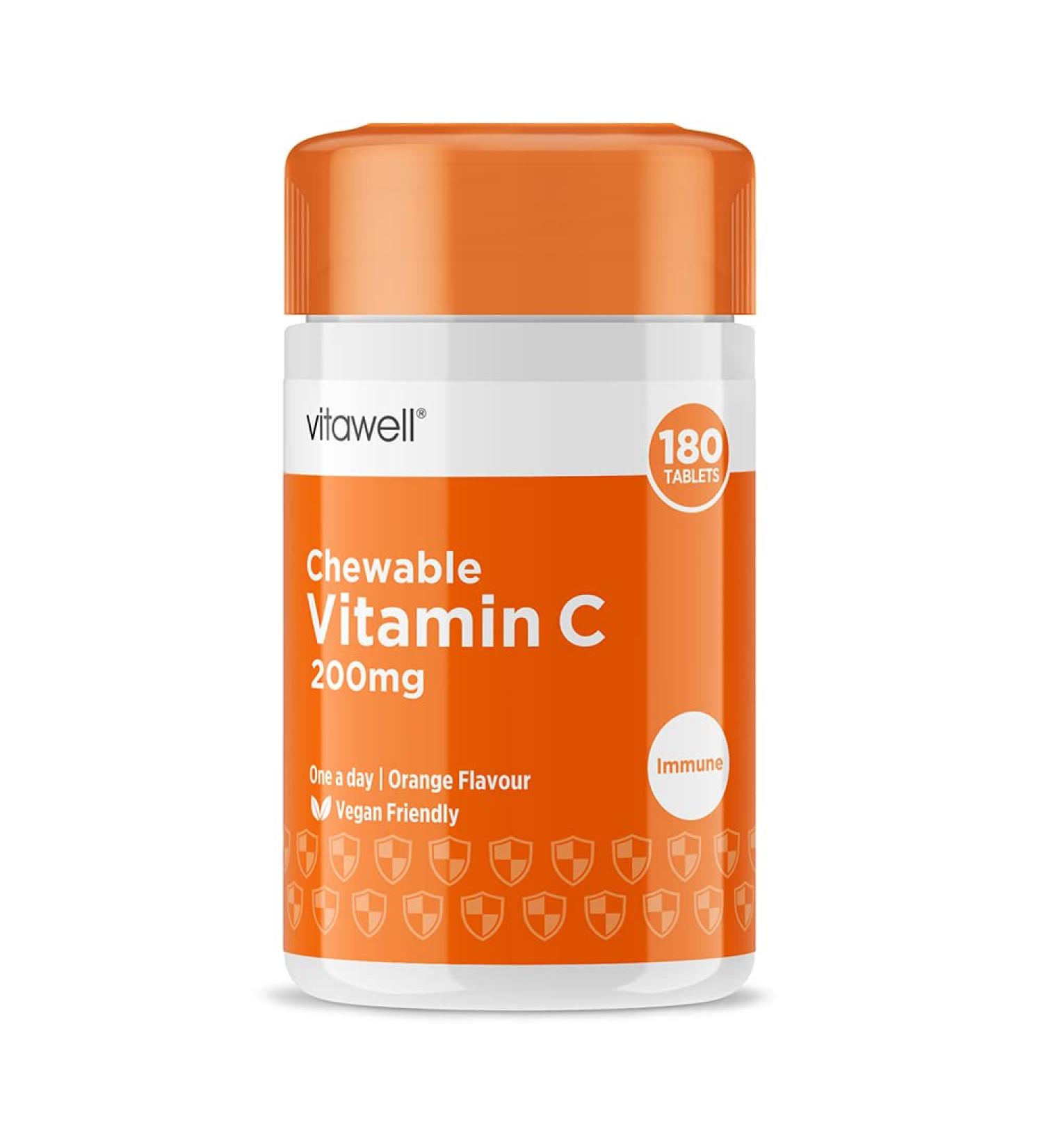 Vitawell Chewable Vitamin C 200mg - 180 Tablets - Orange Flavour - Immune Health Support - 6 Months Supply - Buy Online on GoSupps.com