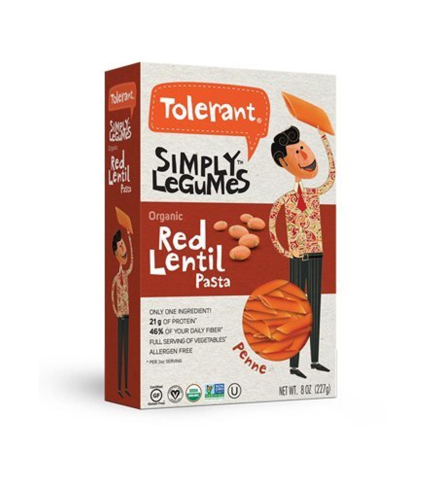 Tolerant - Organic Red Lentil Pasta, Simply Legumes, Penne - 8 Oz (6 Pack)
