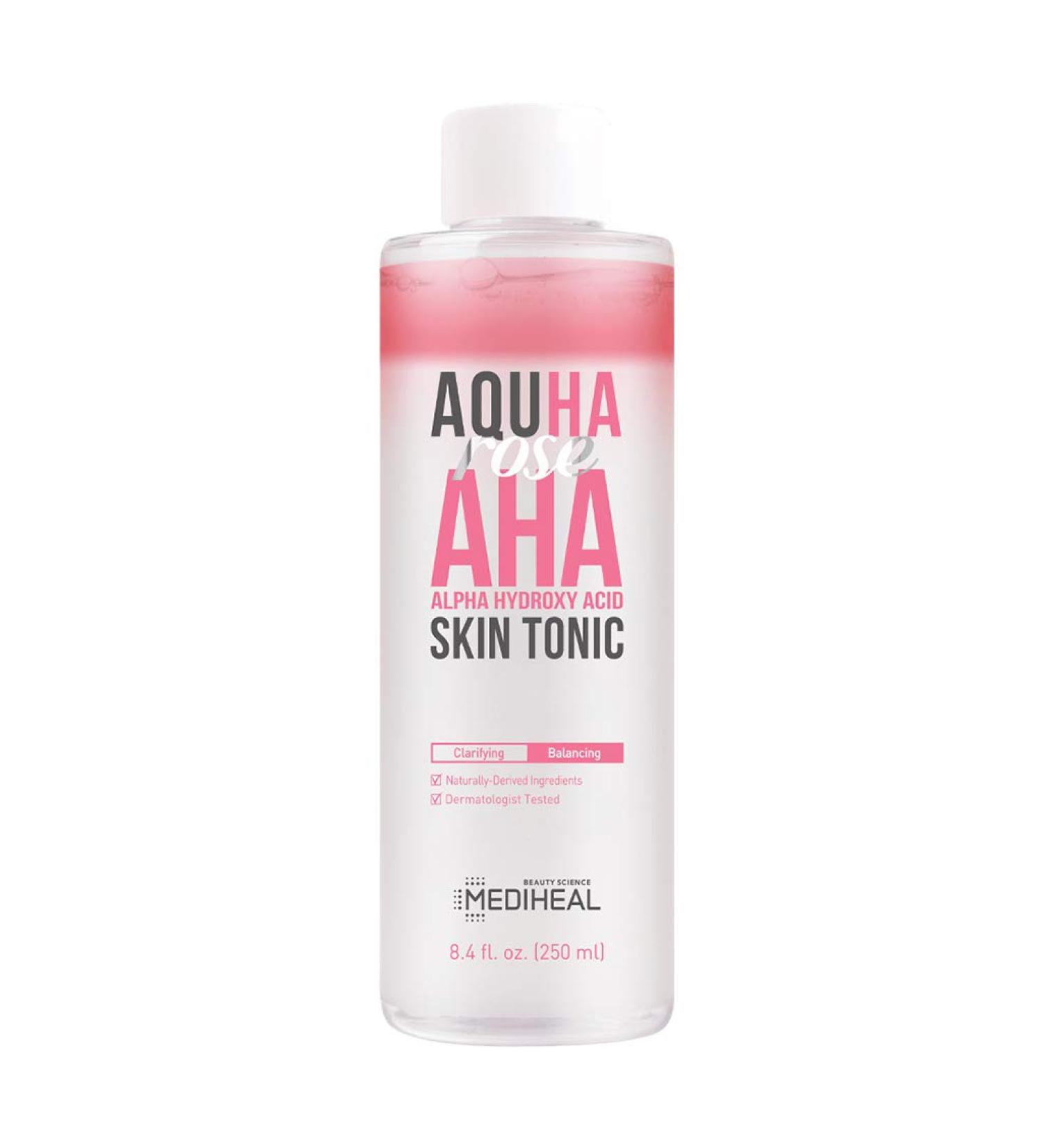 MEDIHEAL AQUHA Rose AHA Skin Tonic 250ml (8.4 fl.oz) - Exfoliating AHA Skin Boosting Toner Essence with Rose Oil Moisturizing & Cleansing