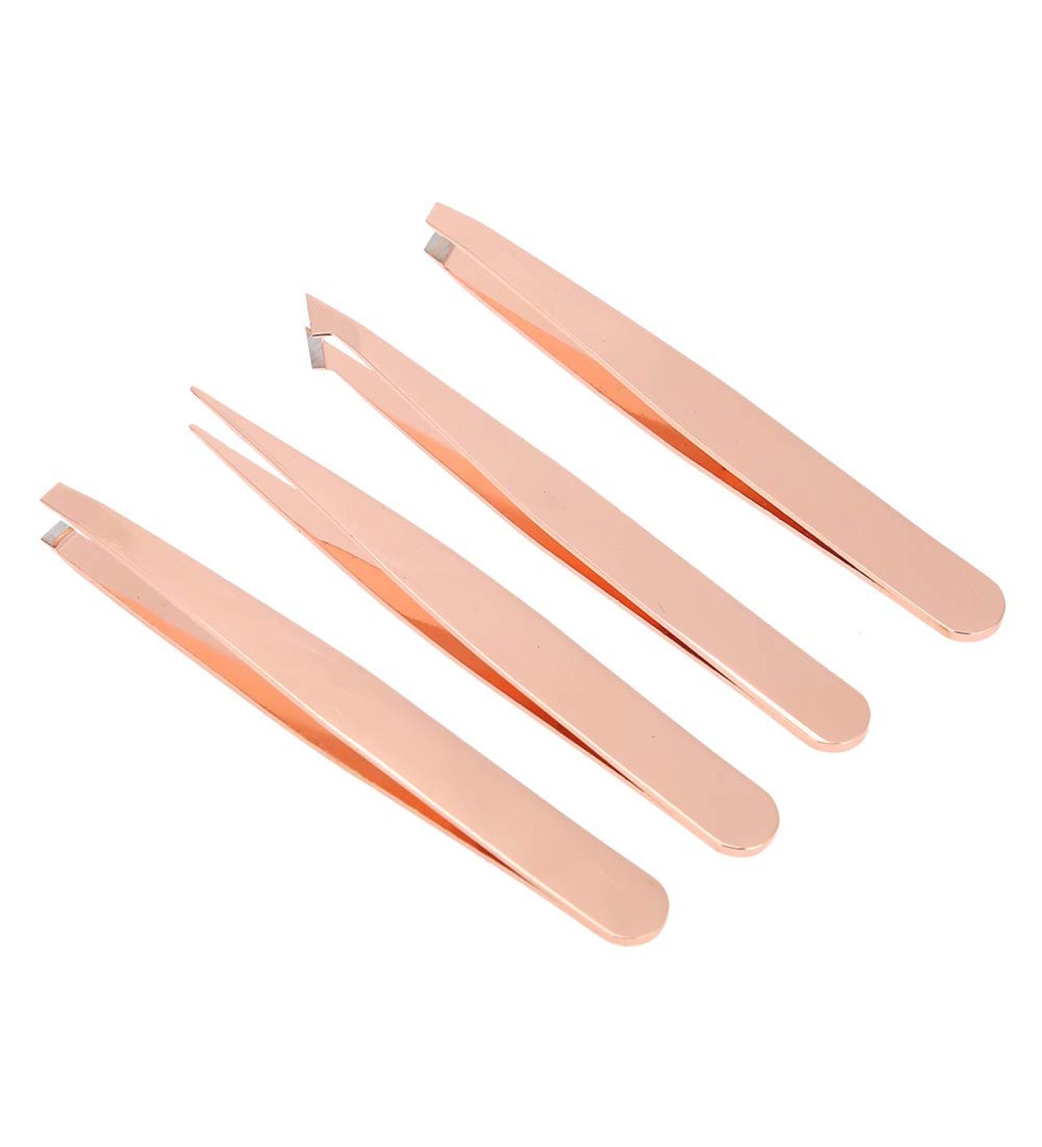 Rose Gold Stainless Steel Slant Tip Tweezers - 4 Pack Eyebrow Hair Remover Makeup Tool for Travel - Buy Online on GoSupps.com