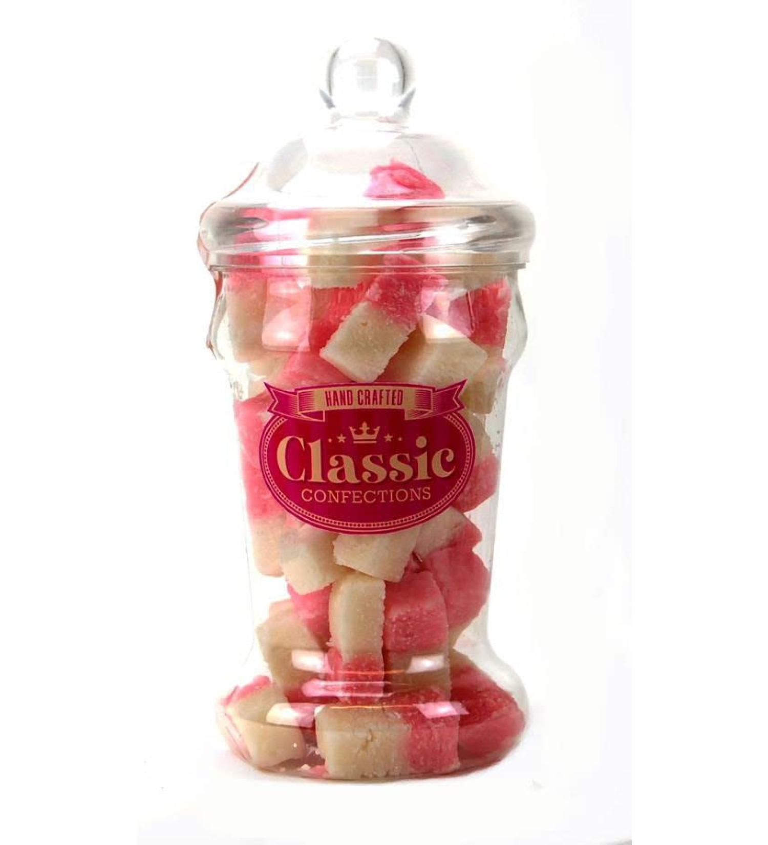 Bysel 800g Raspberry & Vanilla Flavoured Coconut Ice in a Victorian Style Jar