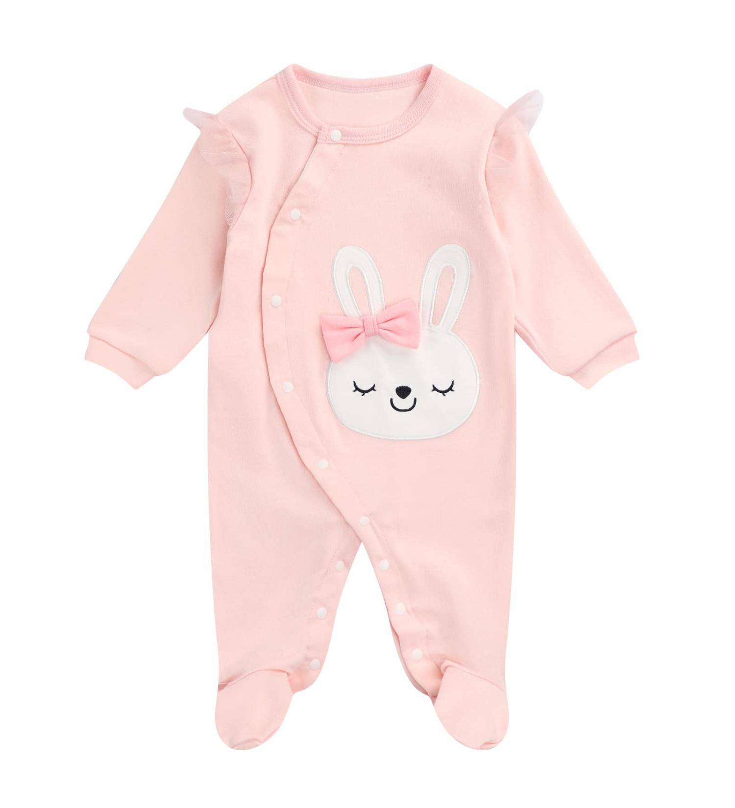JiAmy Baby Girls Romper Cotton Footie Onesie | Long Sleeve Sleepsuit Pajamas | Pink Rabbit 9-12 Months - Buy Online on GoSupps.com
